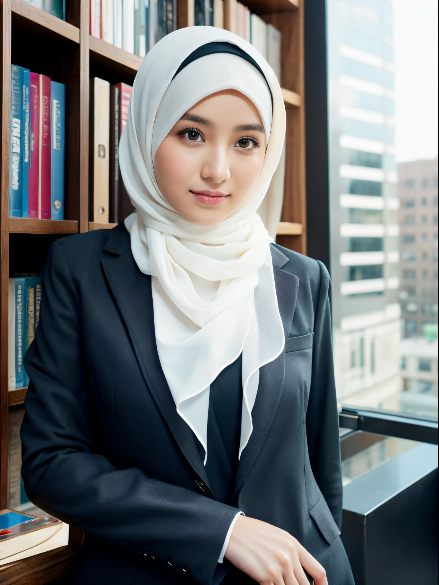 girl, hijab, suit, office