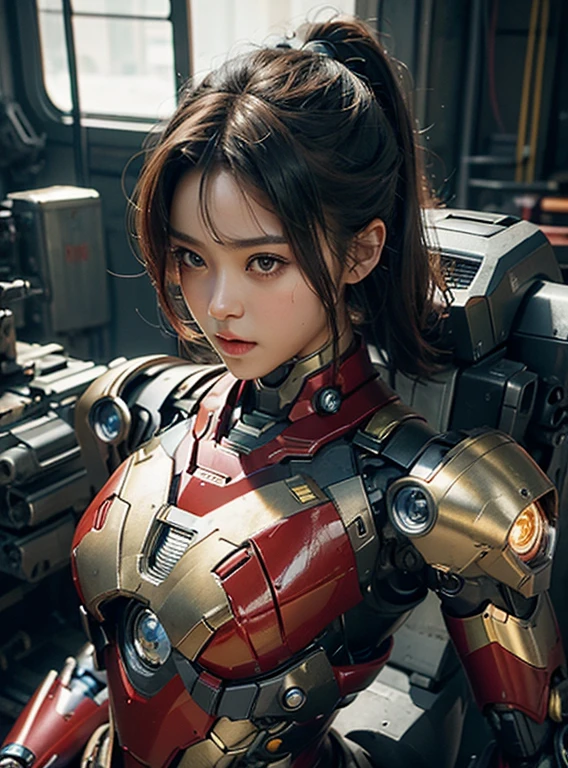 Textured skin, Super Detail, high details, High quality, Best Quality, hight resolution, 1080p, hard disk, Beautiful,(Iron Girl),beautiful cyborg woman,Mecha Cyborg Girl,Battle Mode,Girl with a Mecha Body,She wears an Iron Man mech,fully body photo
