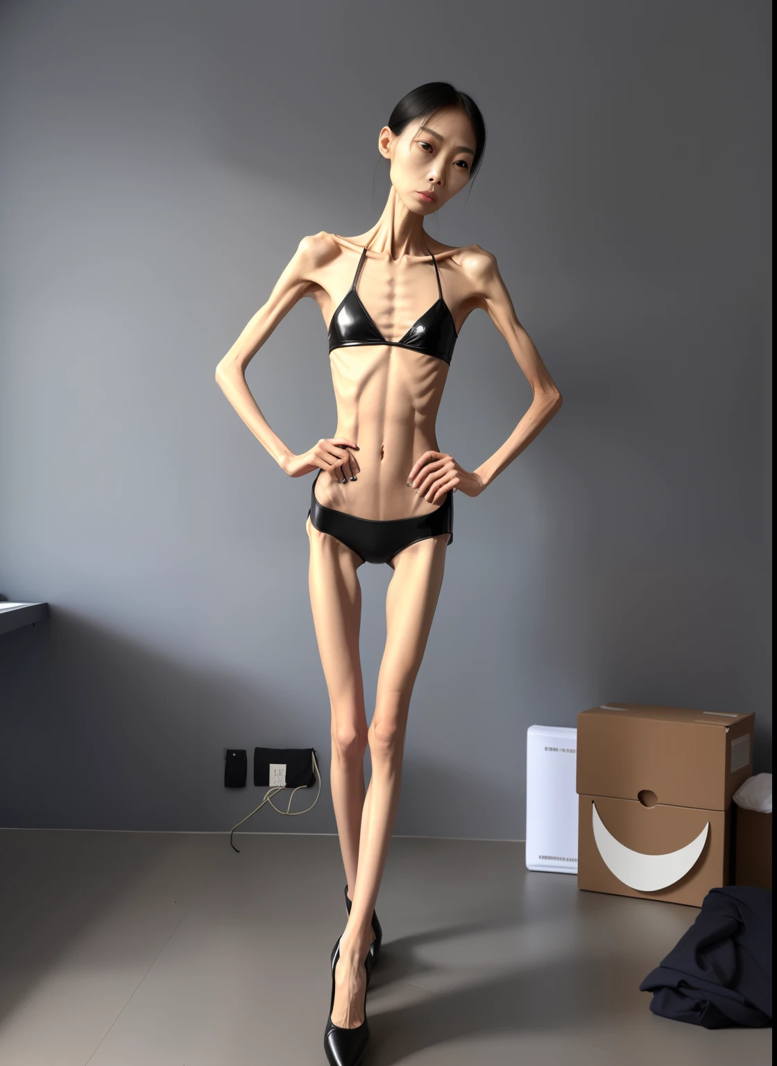 very thin woman,The body very thin,Protruding sternum,Scale down,The waist very thin,The ribs are noticeable,Protruding ribs,The pelvic protrusion very obvious,Clear outline of pelvis,thin shoulde,The waist very thin,Sunken abdomen,Abdominal muscle atrophy,Delicate arms,arm muscle atrophy,Slender thighs,Knees are obviously protruding,Ankle bulges,The ankle bones are obvious,The leg bones are obvious,leg muscle atrophy,anorexia,Asia face,Wear tight leather pants,Wear high-heeled leather shoes,The legs are dressed in black,Significant atrophy of the dorsal muscles of the foot,Sad and tearful expression,Excessive weight loss,The face sunken and thin,Severe malnutrition,Body as thin as a skeleton