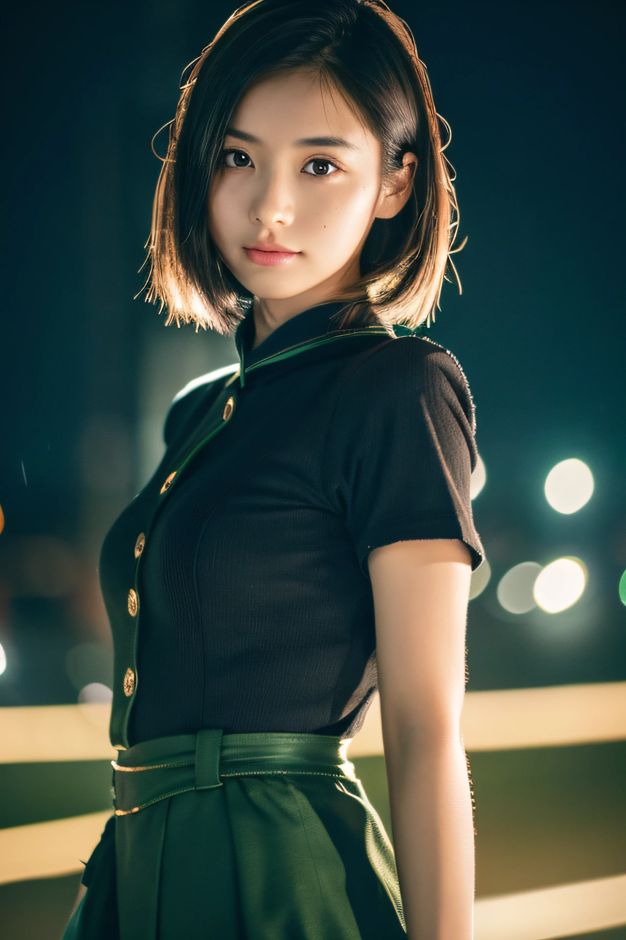 (1girl in),Japan at 25 years old,Medium black hair with green highlight color、 a little freckles、All Black Mode Costume, Standing full-body photo、（night photo）、Will、Blue Light Up、Amazing face and eyeest Quality)), (Ultra-detailed), (extremely detailed CG unified 8k wallpaper), Highly detailed, High-definition raw color photos, Professional Photography,