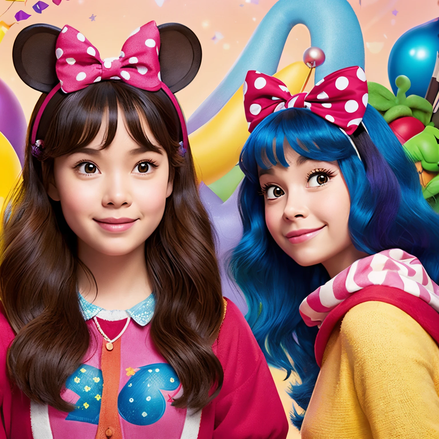 In the Disney Pixar poster, the girl on the left has a bob and is wearing a Minnie headband.The girl on the right has long hair and is wearing a Minnie headband.Both girls are wearing pink and are very cute.