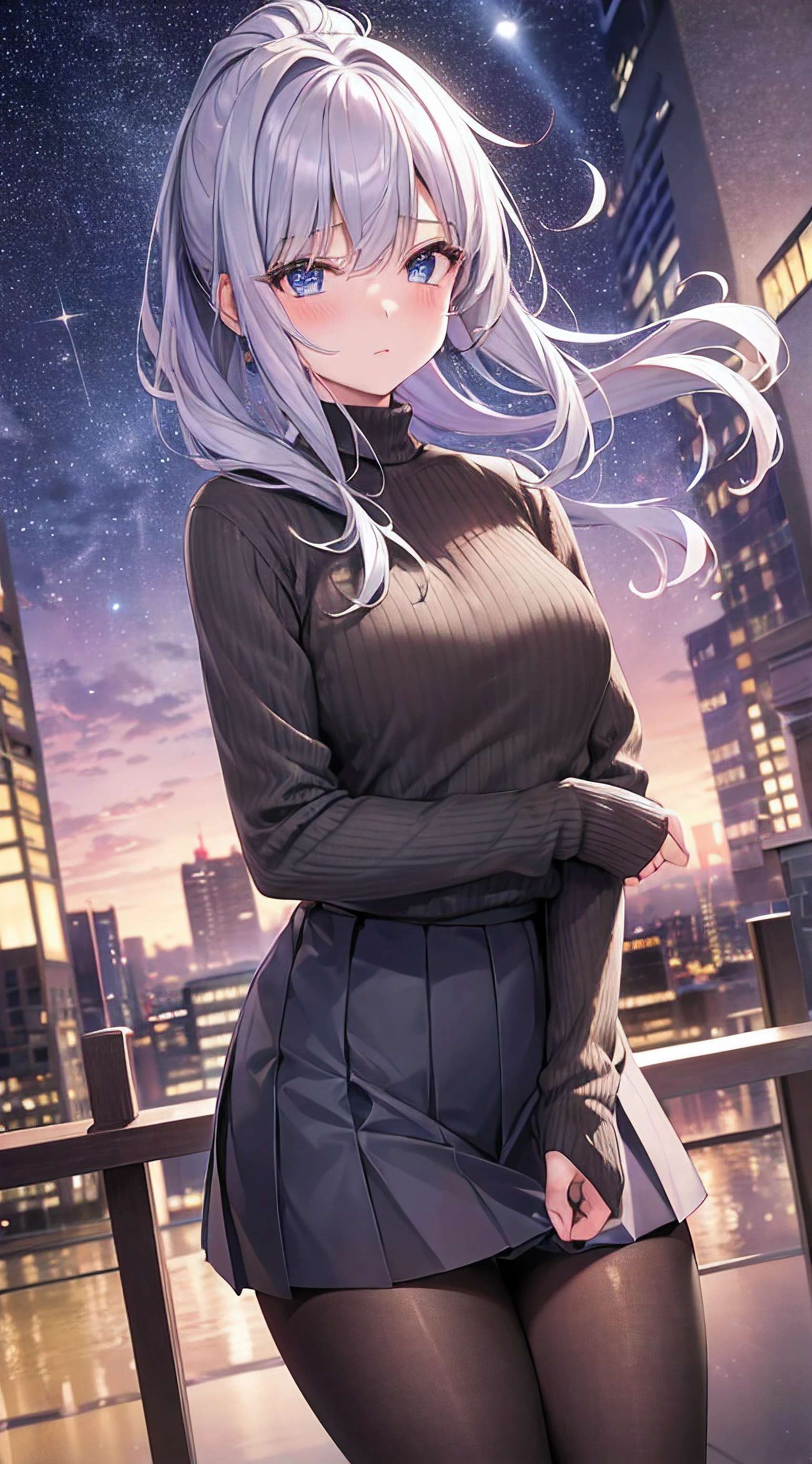 tmasterpiece,Best quality at best, unbelievable_absurd res, Original, the ht, As estrelas, milky ways, beautiful detailed sky, view over city,Matman, silber hair, pony tails, light blush, dark strong blue eye, purplesweater, gray pleats_a skirt, black pantyhoseossed_The Arm, looking at viewert,