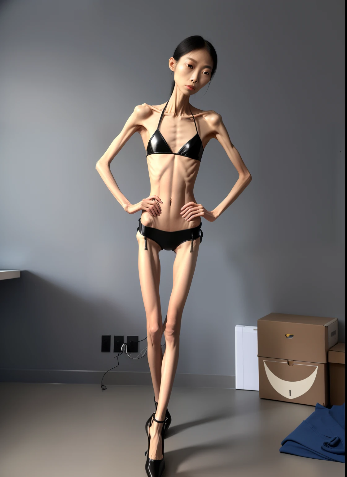 very thin woman,The body very thin,Protruding sternum,shrunken,The waist very thin,The ribs are noticeable,Protruding ribs,The pelvic protrusion very obvious,Clear outline of pelvis,thin shoulde,The waist very thin,Sunken abdomen,Abdominal muscle atrophy,Delicate arms,arm muscle atrophy,Slender thighs,Knees are obviously protruding,Ankle bulges,The ankle bones are obvious,The leg bones are obvious,leg muscle atrophy,anorexia,Asia face,Wear tight leather pants,Wear high-heeled leather shoes,Wearing a black,Significant muscle atrophy throughout the body of the instep bones,Sad and tearful expression,Excessive weight loss,The face sunken and thin,Severe malnutrition,Body as thin as a skeleton