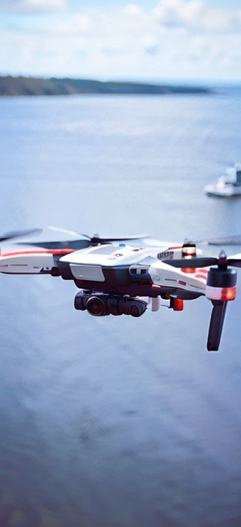 There was a small plane flying over a body of water, hovering drone, UAVs, drone point of view, DJI top-down view, Drone shooting angle, drone footage, drone wide shot, Looming drone, police drones, flying drone, drone photography, UAVs, UAVs, color aerial photo drone, Cinematic close-ups, drone photography, aerial footage, drone point of view