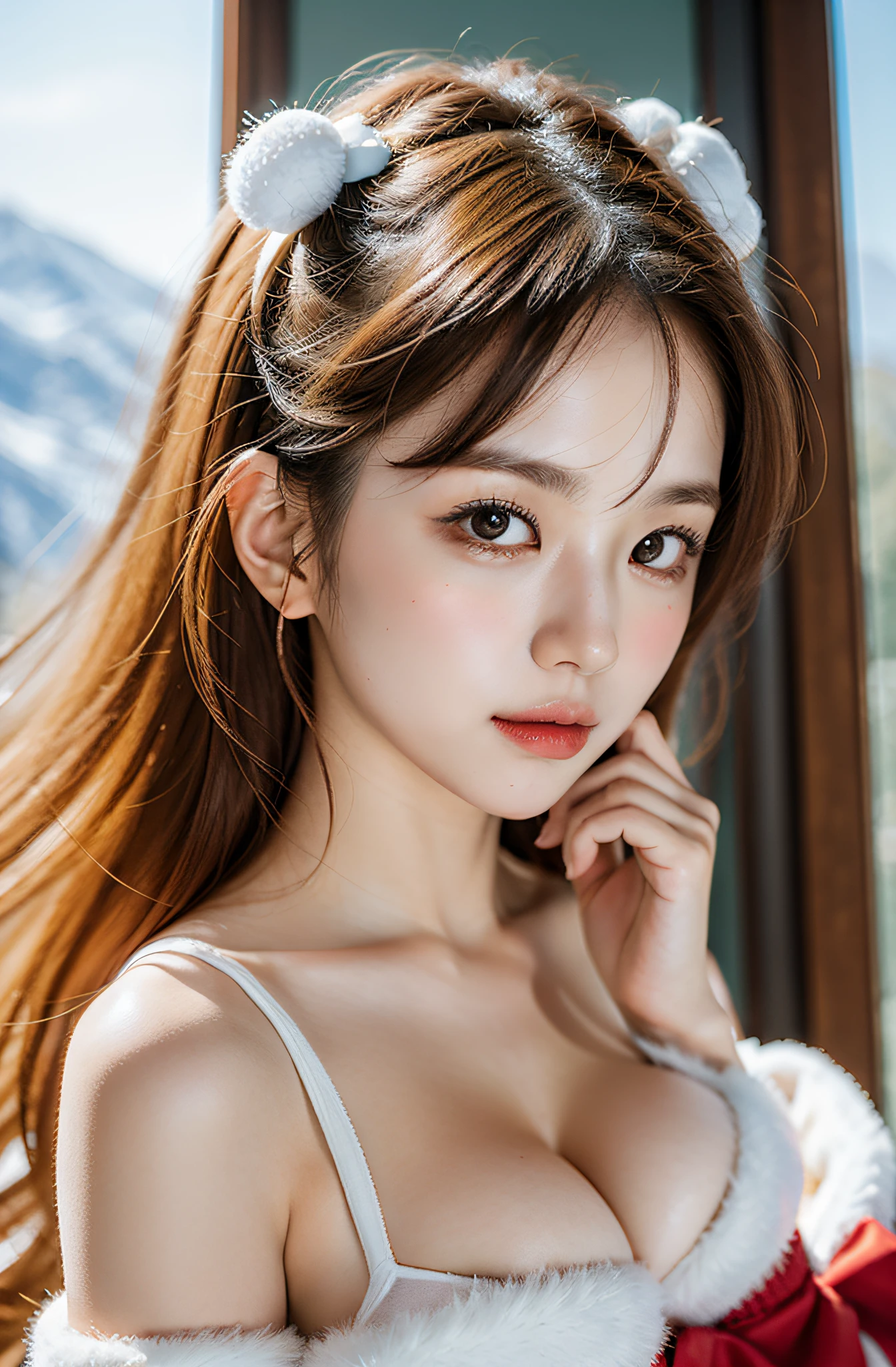 nipples exposed、Lori face、santa claus、a blond、Snow Santa performance at the ski resort、Photorealistic images of solo idols, Morning Musume inspired by Eri Kamei, Radiates charm and beauty with plenty of bust and subtle exposure of cleavage. Images must reflect the real person at the highest quality possible, Powered by Ultra-HD (16 K) resolution, crisp detail, Vivid colors, Dynamic Range, Soft bokeh, Fine texture, Realistic realism, Pin Sharp Focus. 、Camera Setup 、Nikon D850 and NIKKOR Z 58mm Boobs Boobs Boobs Boobs F。/0.95 S Noct lens, The setting must be ISO 64, F/0.95, a shutter speed of 1/60. --ar 16:9 - V5.1 --Style raw --Q 2 --S 750