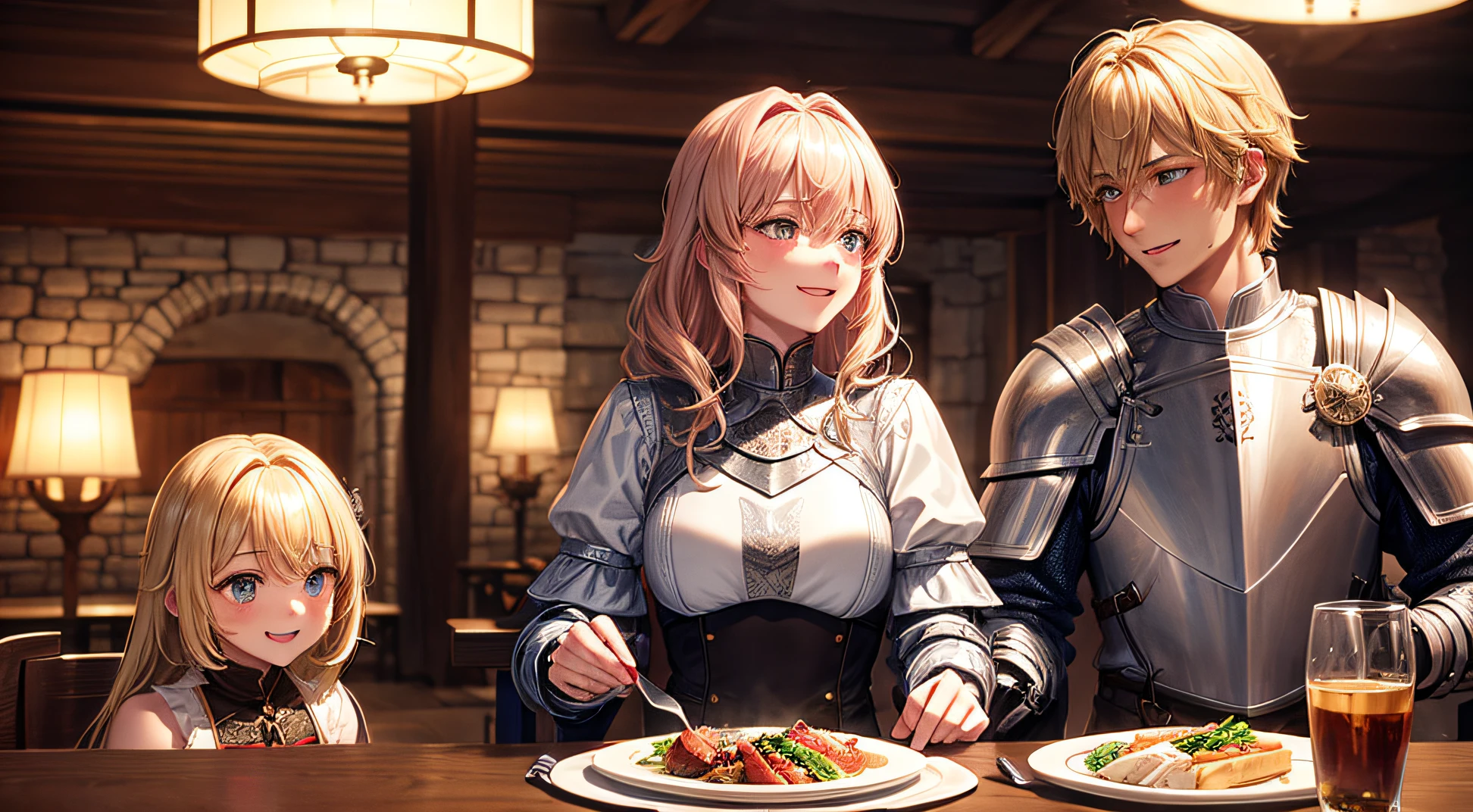 Short-haired male knight and long-haired female knight,a blond,A smile,red blush,dining,castle town