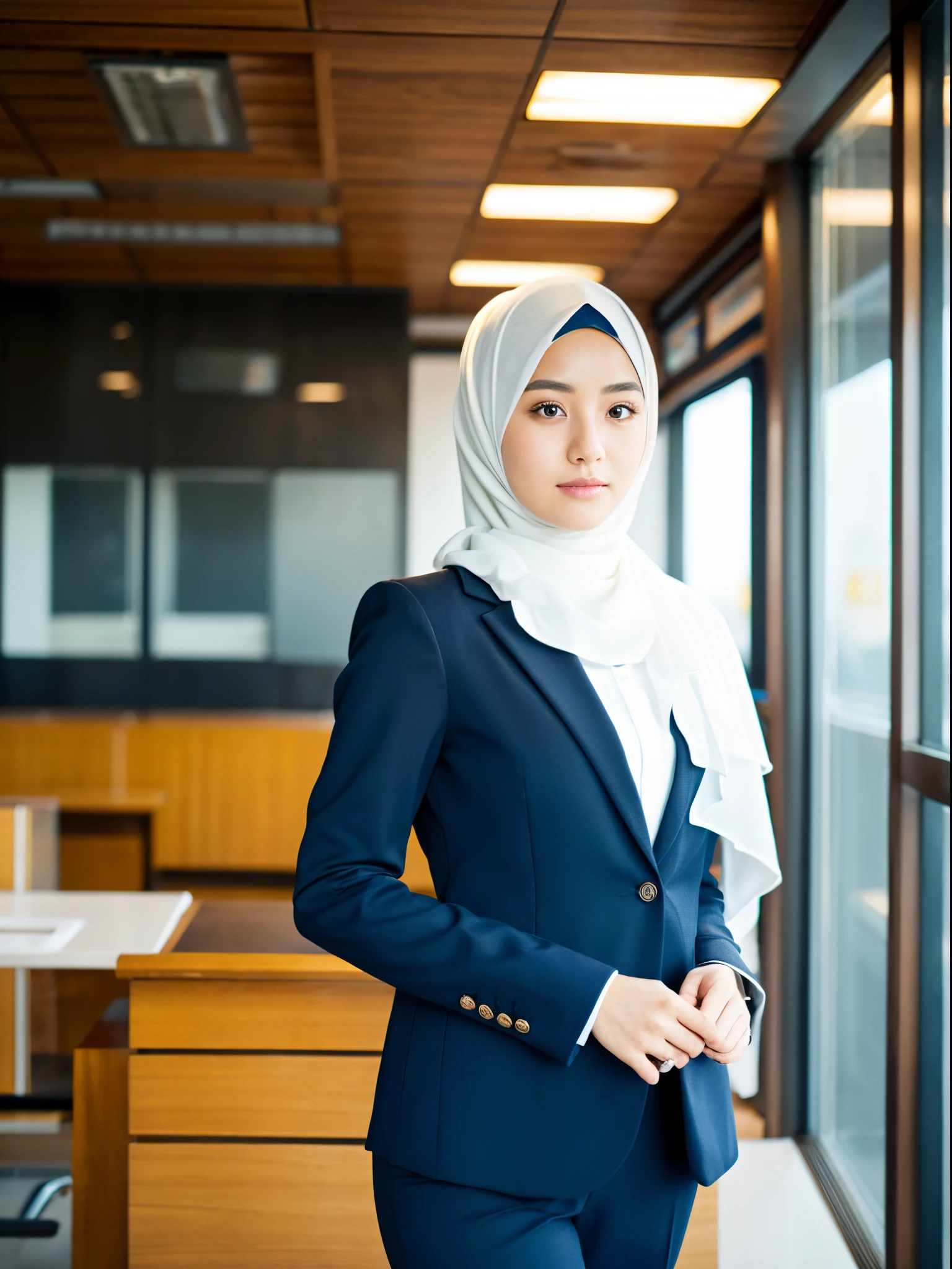 25 years old, hijab, suit, office