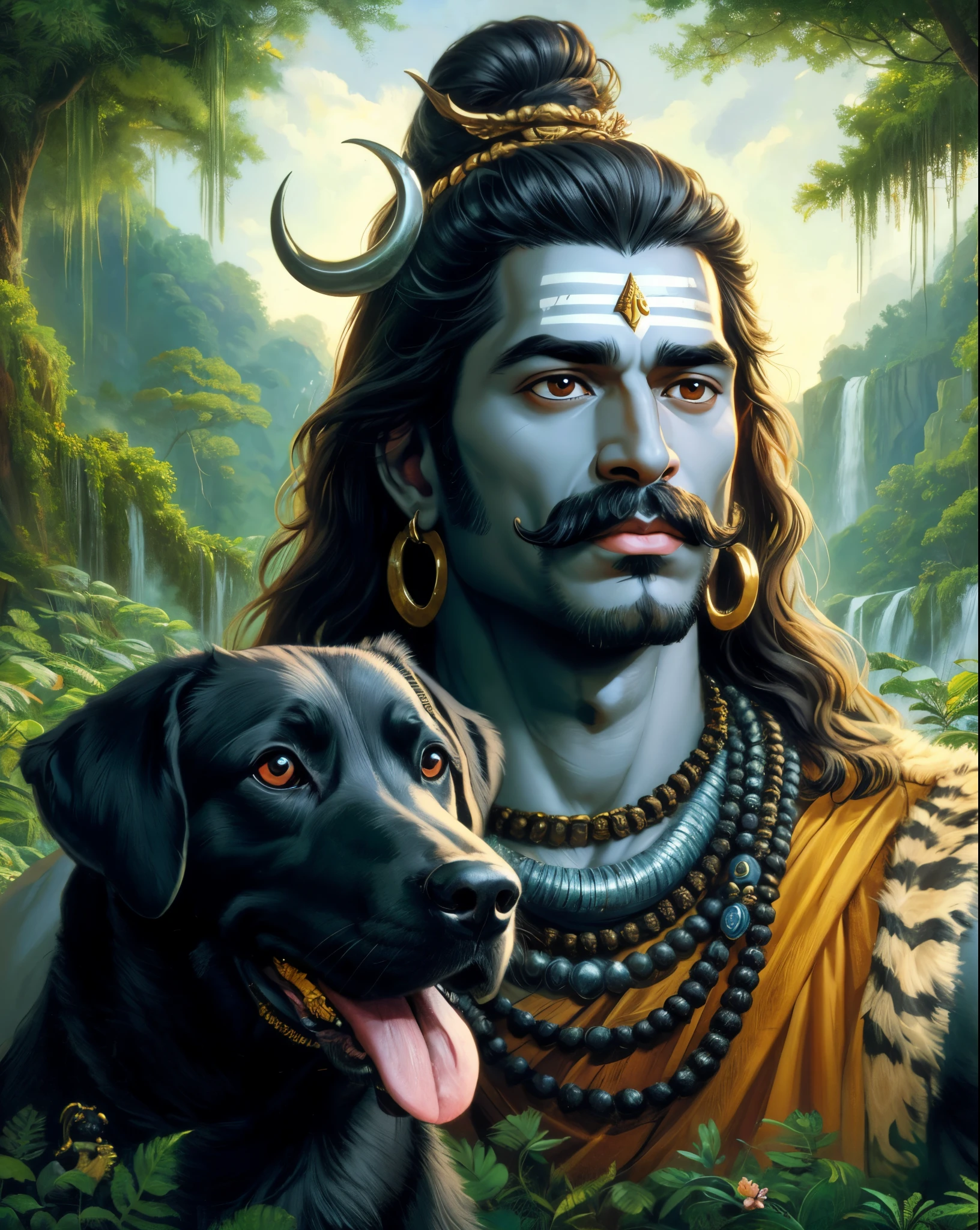 Lord Shiva in mustache With Black Male Dog In Beautiful Jungle ,Realistic, portrait, depicting a historical figure, oil painting