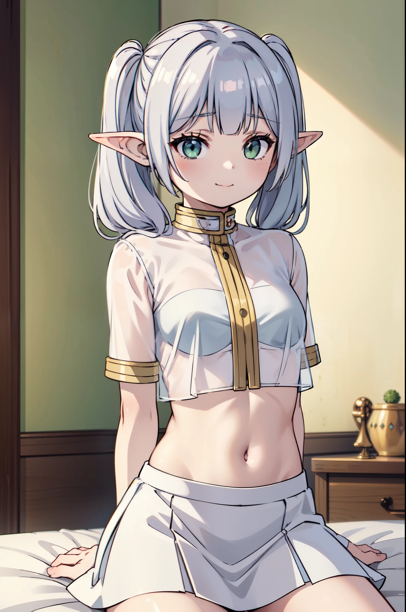 1girl, solo, frieren style, long hair, twintails, green eyes, beautiful eyes, grey hair, pointy ears, elf, serious, small smile, closed mouth, small breasts, thin girl, babydoll, underwear, skirt, see-through clothes, midriff, navel, empire waist, depth of field, bokeh, (indoors, bedroom, bed, sitting in bed, (close-up), cowboy shot, upper body, (arms behind back), masterpiece, best quality, 8k, absurdres