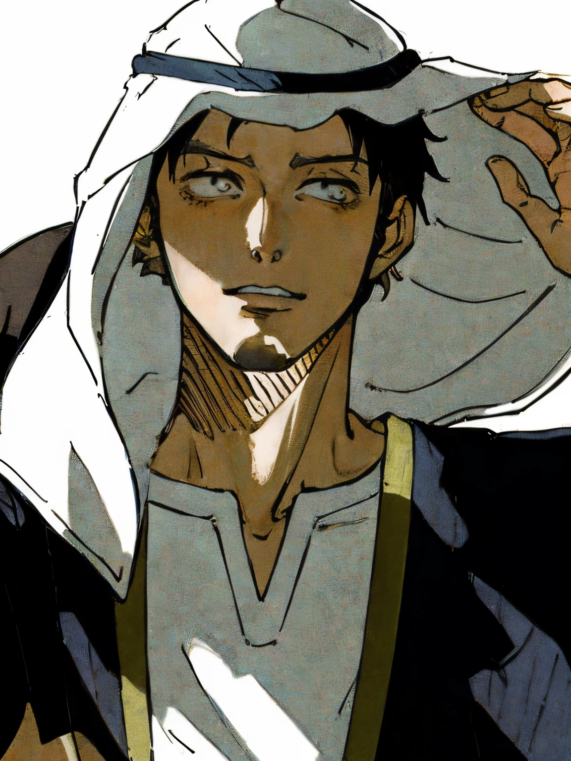 anime man with white hat and white shirt holding a cell phone, bleach manga style, kentaro miura manga art style, kentaro miura manga style, inspired by Okumura Masanobu, coloured manga scan, manga style of kentaro miura, digitally colored, full body close-up shot, shikanosuke yagaki, okata kazuto