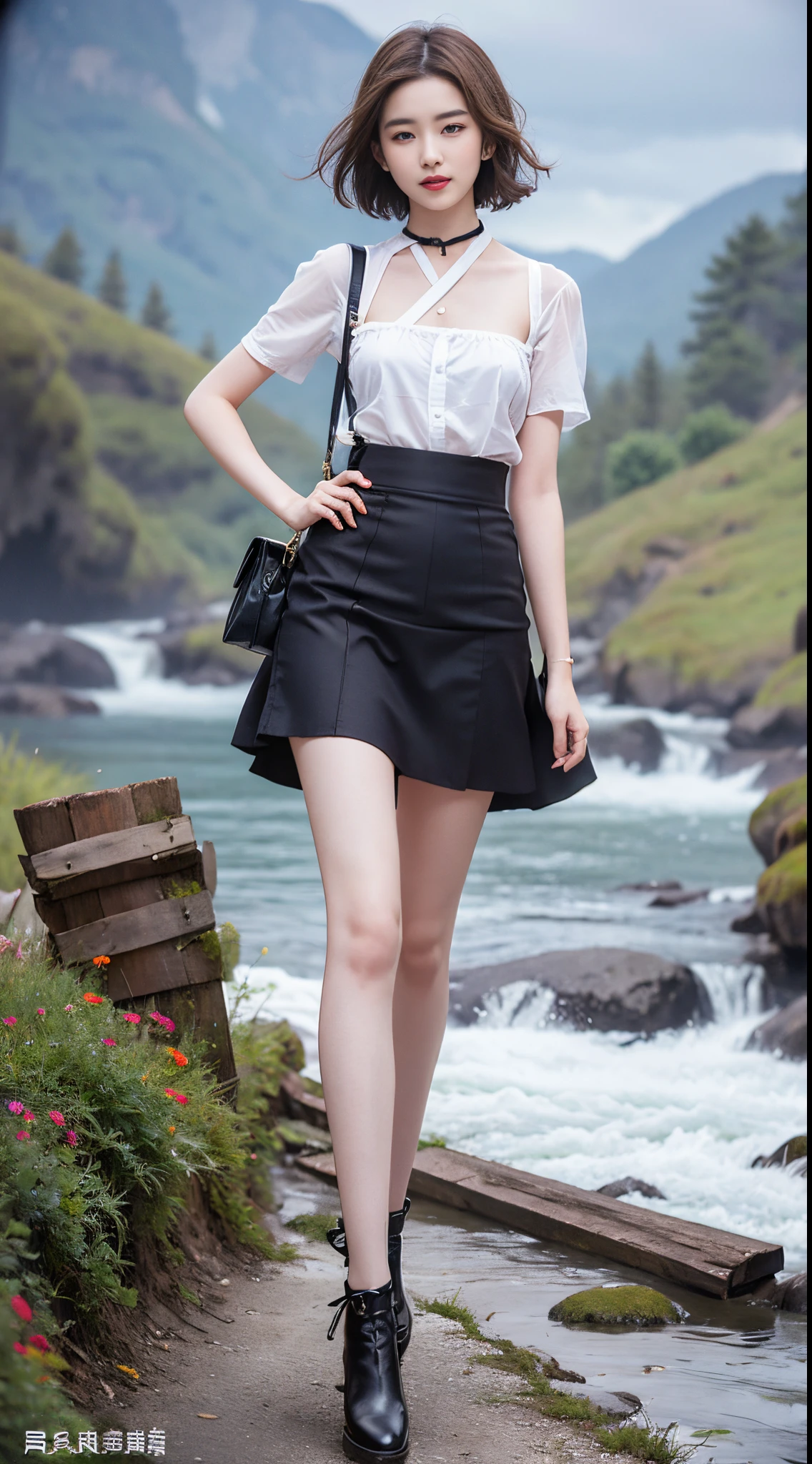 NSFW, 8K Raw photograph, best qualtiy, tmasterpiece, filmgrain, cinematic ligh, 1girll, looking at viewert, Natural skin texture, Realistic Eyes and Face Detailull pouty lips, lipsticks, (putting makeup on), Red eyeshadow, Short fluffy hair, messy hair, ssmile, Rejoice, beautifullegs, Tall women, being thin, Slim_Legs, report, Brustwarzen, Pose with your hips facing you, Superskirt, hindquartereautiful natural location, Location of flowers around, (detailedbackground) , Show a little through the shirt, Footwear, vague background, bblurry, halter,, short- sleeved, The ribbon around the neck, JK ribbon, brown hair, bangle, Eau, By bangs, jewely, parted lip, cparted liprom the side Side, Printed silk skirt, depth of fieldeachside,zona rural,Suspenders,are standing,