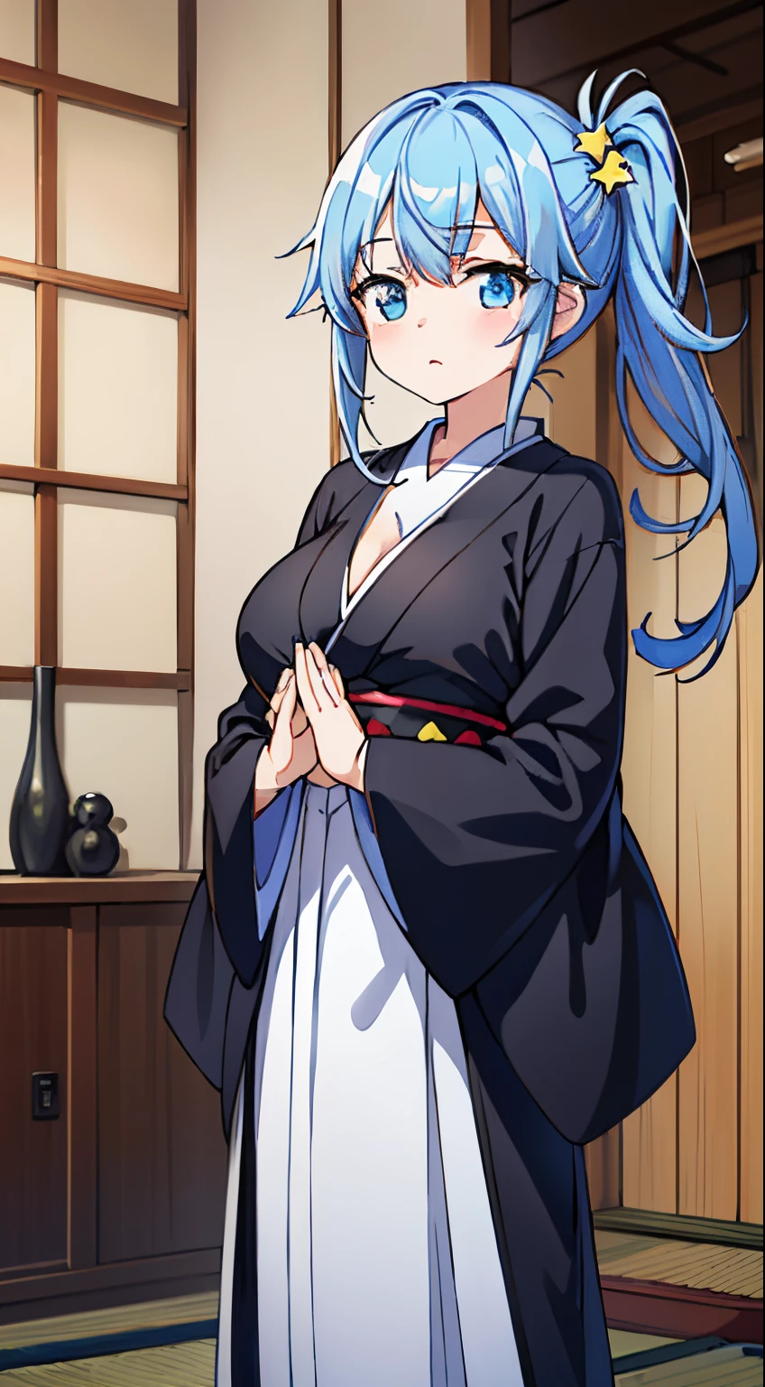 (Cute illustration:1,2),(Absurd realistic structure details),(High resolution complex and detailed text quality),(High-resolution microstructure、High poly 3 boobs D rendering correction),Methods of geometry,Careful explanatory anatomy,
BREAK,



1 beautiful girl, 1 person,Solo,(Cute:1.5),(Chibi:0.6),(kawaii:1.5),(Lori:0.5),(17 years old girl),Very detailed,colourfull,highest details,Clear skin,Beautiful skin,Shy,Very detailed,colourfull,highest details,Clear skin,Beautiful skin,Shy skin,1 beautiful girl,{Heterochromia,blue eyess,verd s eyes:1.9},star eye silhouette, BREAK,(pale blue hair, Medium length:1.4),(Side Ponytail,A little curly hair,Single-sided twisted blade,Princess Cut:1.3),(cleavage of the breast,Large breasts,Beautiful , gleaming skin,Clear skin, Beautiful skin,(best quality face),(Top quality glowing eyes),(Doya face,brave face:1.45),  BREAK,  (Japanese monk girl theme:1.5), (a cassock:1.5) (very long black hakama:1.4), (wears beads on wrist:1.4), (Monk black robe with long Japan,Long Buddhist black robe:1.5), (Long sleeves:1.3), 


BREAK,(during daytime), (Meditation Poses, Join palms together,Praying,own hands together:1.35), (Buddhist Prayer,sanskrit text, mandalas,Shining Circle, Team Light, Shining, aureole,  effect, magical effect, Holylite:1.2), (Full body), Waterfall,depth of fields,

 BREAK,wakame,wakame,wakame,(Cowboy Shot:1.4), 

BREAK,(Blurry background:1.3),(absurderes, hight resolution, Super Detail Art),cel shading,Clear Color, Lonely optical effect, Beautiful pictures, Bright glow, mystic atmosphere,(Close-up of girl:1.1), Mystical light particle effect,manga influence, clean line drawings,