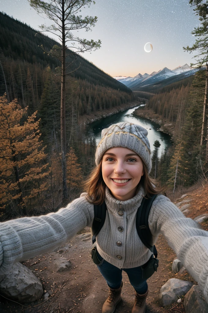1 woman ((upper body selfie, happy)), masterpiece, best quality, ultra-detailed, solo, outdoors, (night), mountains, nature, (stars, moon) cheerful, happy, backpack, sleeping bag, camping stove, mountain boots, gloves, sweater, hat, flashlight, forest, rocks, river, wood, smoke, shadows, contrast, clear sky, analog style (look at viewer:1.2) (skin texture) (film grain:1.3), (warm hue, warm tone:1.2), close up, cinematic light, sidelighting, ultra high res, best shadow, RAW, upper body, wearing pullover