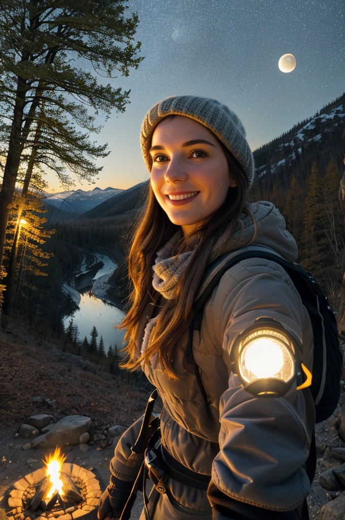 1 woman ((upper body selfie, happy)), masterpiece, best quality, ultra-detailed, ground, outdoor, (night), mountains, nature, (stars, moon) cheerful, happy, backpack, bag sleeping, camping stove, water bottle, mountain boots, gloves, sweater, hat, lantern, forest, stones, river, wood, smoke, shadows, contrast, clear sky, style, (warm hue, warm tone)