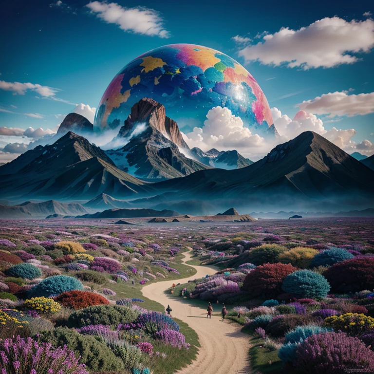 Create a surreal landscape where the sky is full of vibrant colors and fantastic creatures wander through a unique landscape.