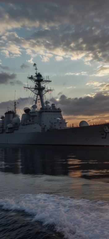 late sunset,Federer naval ship in the water,sky with many clouds, warships, taken from the side, seen from the side, warships, navy, still photo, at sunrise, seen from outside, ( Greg Rutkoski ), At sunset, seen from the side, naval background, Side photo, Photos taken at night, early evening, still photo, natta