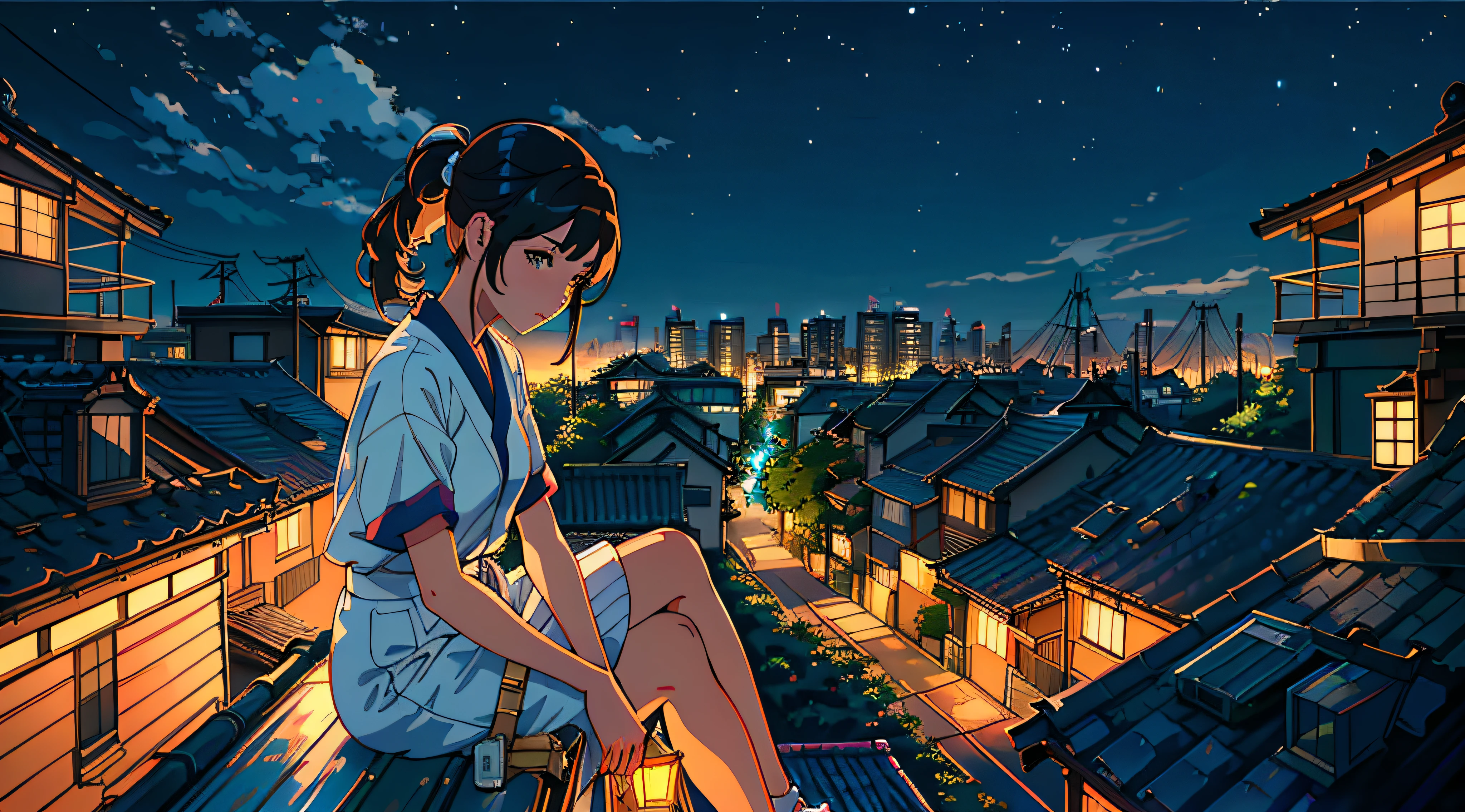 Realista, Realista, pretty girl sitting on a rooftop overlooking the city below Greg LutkowskiKyoto AnimationKey ArtFeminine MidshotLaurie GreaselyStyle StudioGhibli ToriyamaAkira James GileadGenshin Impact Trendpixiv Fan Box 4K Acrylic Palette Knife Vibrant Color Devinart Trending Art Station