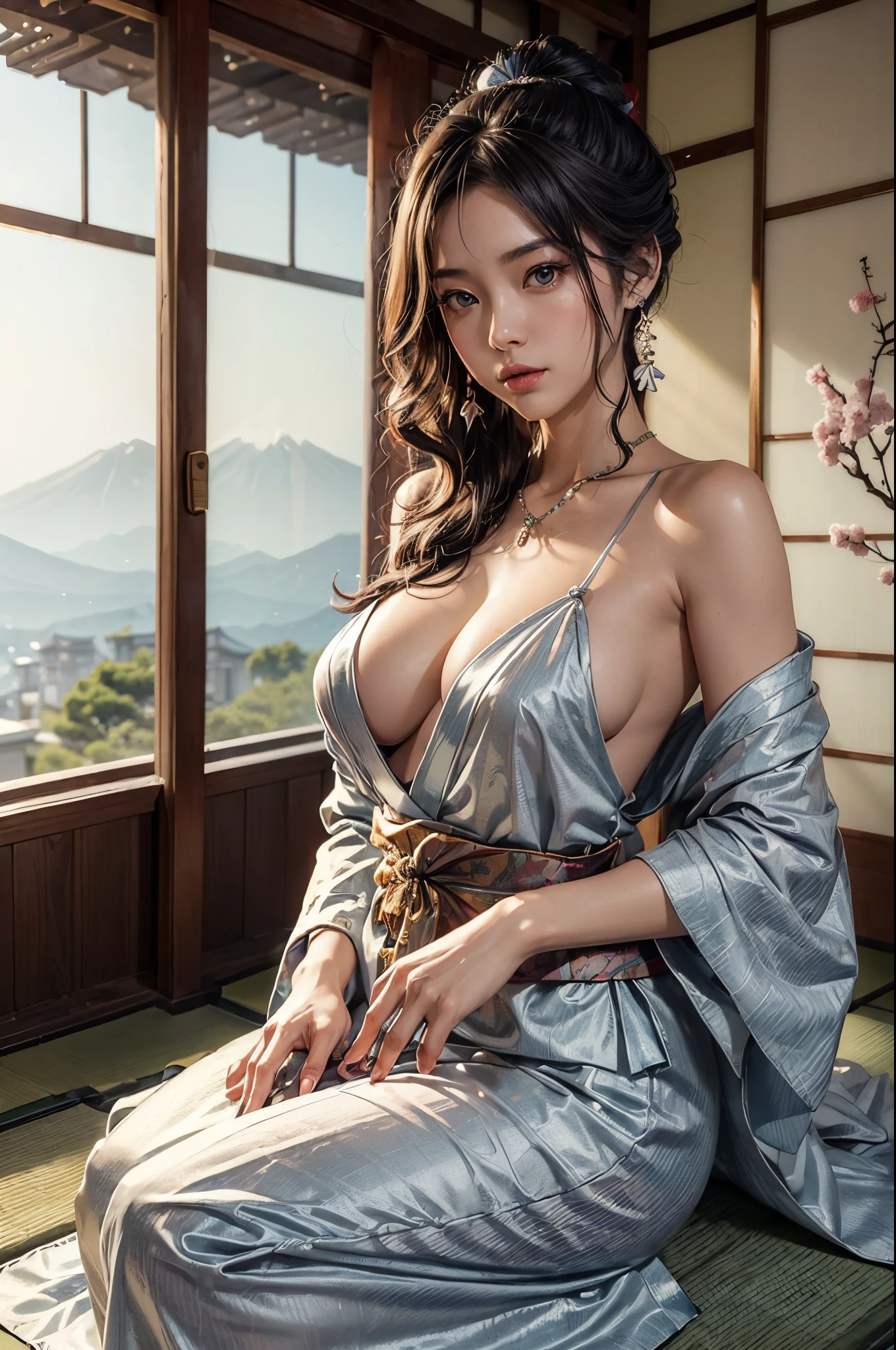 (masutepiece:1.Photoreal Stick:1.4, 8K), top-quality, masterpiece, 超A high resolution, Professional camera work, Grow Light Effect, Realistic portrait, Cinematic Light, Highly detailed skin and facial texture:1.Perfect dynamic composition, The ultra-detailliert, A detailed eye, Detailed limbs, (Japanese-style room in the Japan, formal hanging scroll, tradition:1.5), 1girl in, 25-years old, cute sexy japanese slim woman, Fair skin, (Enraptured look:0.9, Totally captivates you:1.0), (Silver kimono:1.32 off shoulder), (voluptuous breasts:0.9), (Backshots, Calm pose), (Beautiful blue eyes, Eyes that feel beautiful eros:0.85), Sexy face:0.4, (A mouthfeel that feels beautiful eros:0.85), ((Too cute beauty:0.9))