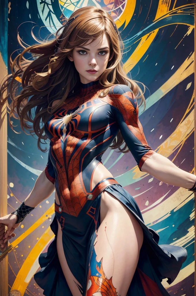 Daniel Panabaker、Sticking out the navel、newyork、She wears a torn Spider-Man suit,wearing skirt、abstract photorealistic、artistic、Alphonse Mucha's painting(​masterpiece、top-quality、hight resolution:1.4)、detaileds、intricate-detail、4K、color splashes、line-drawing、Fibonacci、