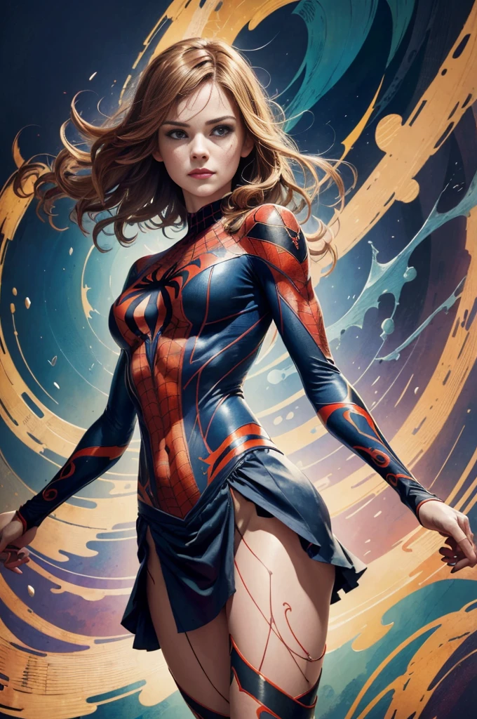 Daniel Panabaker、Sticking out the navel、newyork、She wears a torn Spider-Man suit,wearing skirt、abstract photorealistic、artistic、Alphonse Mucha's painting(​masterpiece、top-quality、hight resolution:1.4)、detaileds、intricate-detail、4K、color splashes、line-drawing、Fibonacci、