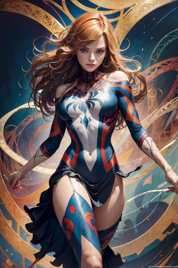 Daniel Panabaker、Sticking out the navel、newyork、She wears a torn Spider-Man suit,wearing skirt、abstract photorealistic、artistic、Alphonse Mucha's painting(​masterpiece、top-quality、hight resolution:1.4)、detaileds、intricate-detail、4K、color splashes、line-drawing、Fibonacci、