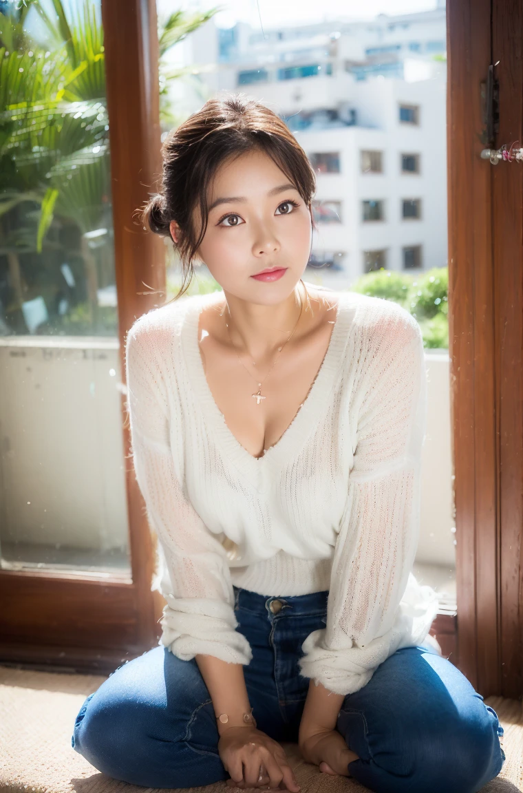 Dark brown hair、Light brown eyes、Japanese actress、 Lady、I am about 40 years old..、(Intricate details:1.2)、(Which one is on top??:1.4)、 (Ultra-high resolution:1.2)、Ultra-high resolution、(Finely tuned)、(Detailed facial features)、Hmph、8K resolution、D cup size breasts、Long Hair、Bright, sunny living room、Large windows、Extravagant space、relax、、,Full body photo、Head to toe shot、Beautiful legs、Summer knitwear、Beautiful legs、A refreshing room filled with sunlight、she, household items, (plant:0.8), Fashion Hub, Extreme Detail, Very detailed, Realistic, Hourglass-shaped body, Obscene pose,、、私 cry a lot、tears、person on the left、White wall、White floor、diagonally from below、Lift your chin、Relax your shoulders and place them against the wall.、relaxした表情、Pose of Weakness、