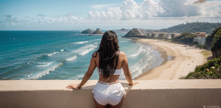 A giraffe woman in a bikini walking on the beach with a boat in the background, long shot from behind, full body distant view, On a beach in Ibiza, posing on the beach, long shot from behind, shot from behind, view from behind, looking from behind, photo from behind, by Alexis Grimou, seen from behind