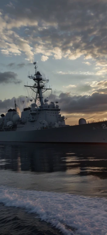 late sunset，Federer naval ship in the water，sky with many clouds, warships, taken from the side, seen from the side, warships, navy, still photo, at sunrise, seen from outside, ( Greg Rutkoski ), At sunset, seen from the side, naval background, photo from the side, Photos taken at night, early evening, still photo, natta
