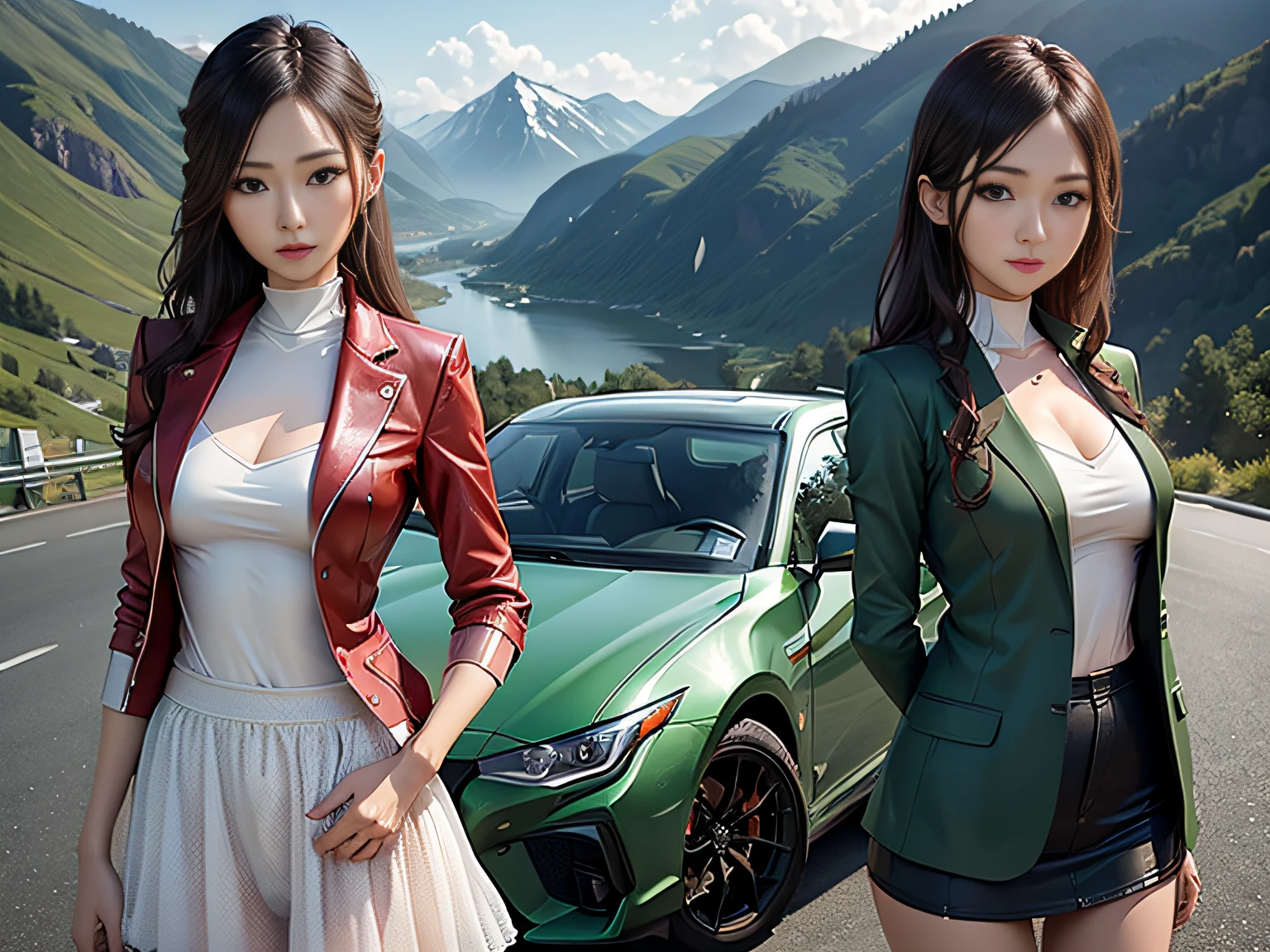 1womanl、Slender woman、sports jacket、Competition between beautiful women and sports cars、超A high resolution、An ultra-high picture quality、8K、Wonderful expression with attention to detail、early summer valley、beautiful fresh green、A bright red sports car stopped at a mountain pass.Toyota Corolla Levin 2000GTX Sports Coupe