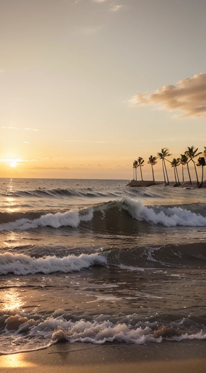 magina un atardecer en una playa desierta con palmeras, where the waves gently break on the shore and the sun paints the sky with warm tones