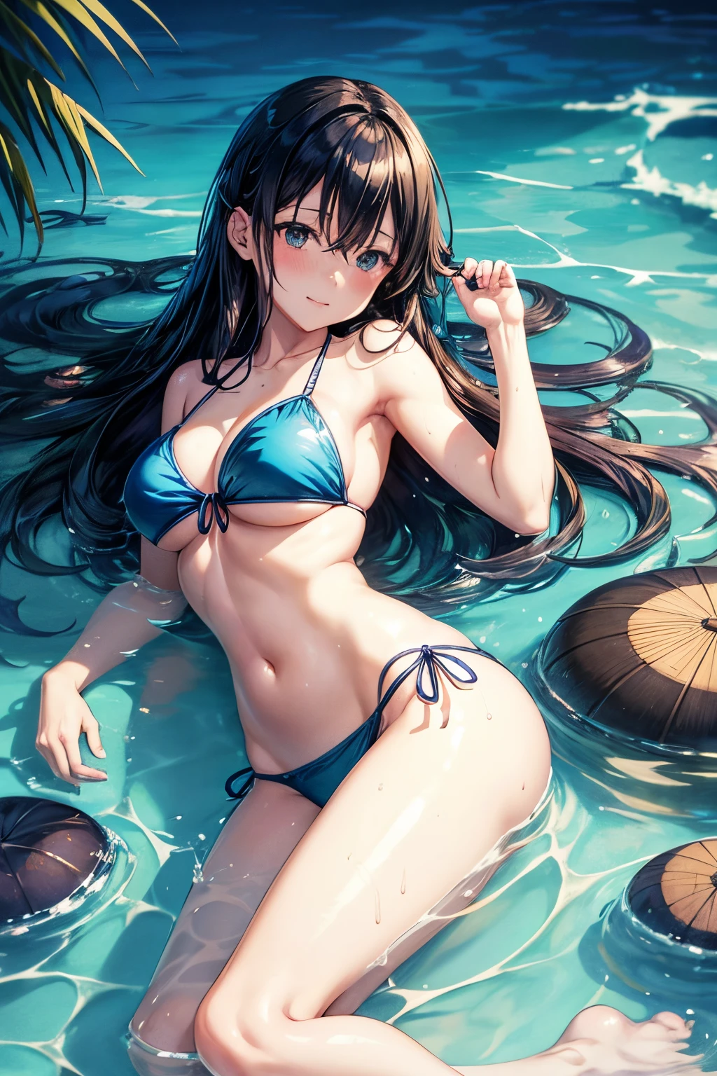 anime girl in bikini lying face down in water, an illustration of Kamagurka, Pixiv, Shin Hanga, blue water anime wallpaper, Nagatoro, Anime girl walking in water, Mayuri Shiina, Marin Kitagawa Fanart, anime oficial ainda, Makoto Shinkai e Artgerm, anime sedutora