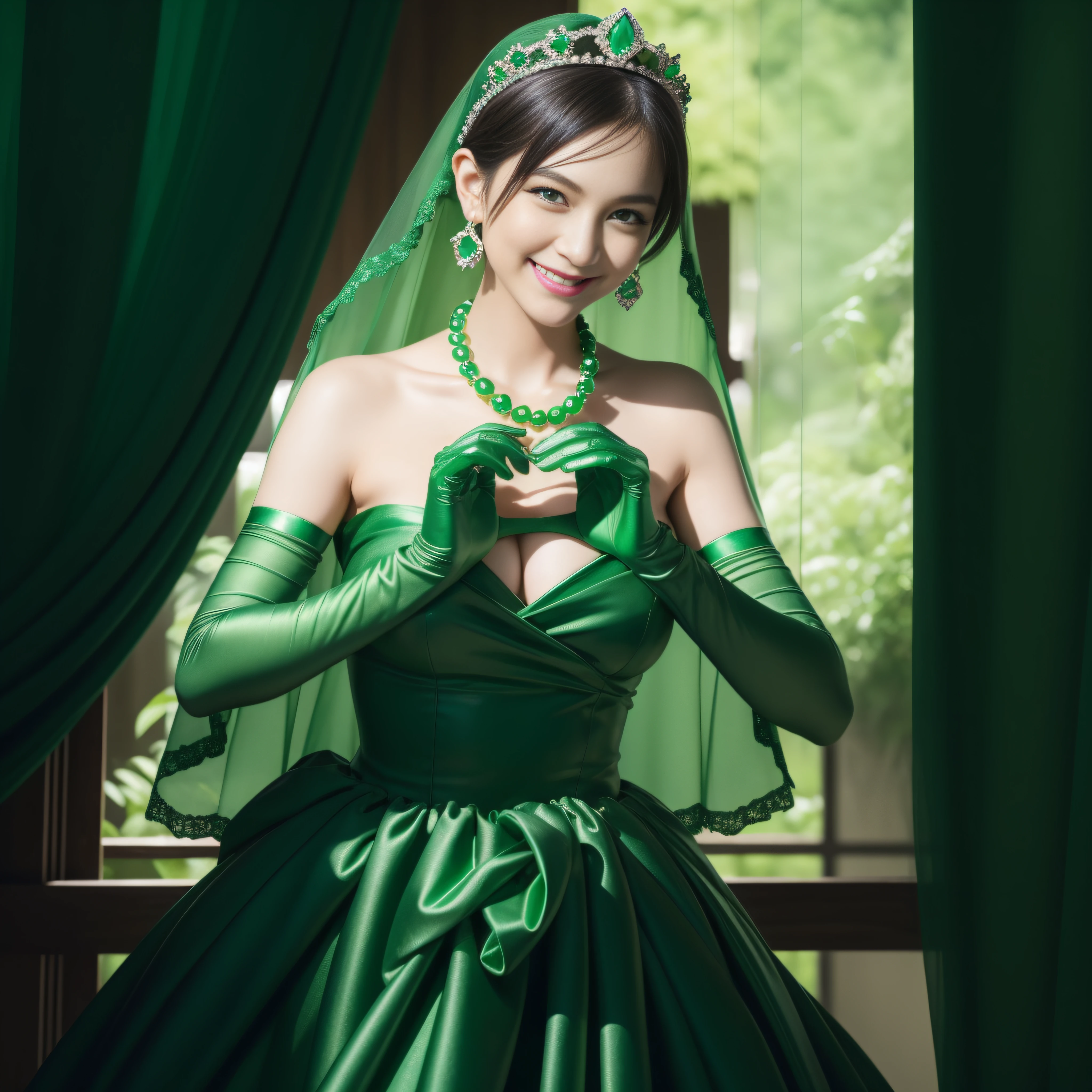 emerald tiara, Green Pearl Necklace, Boyish very short green hair, lipsticks, Japan woman smiling, very short short hair,  big breasts beautiful, Green eyes, Long green gloves made of satin material, Green eyes, Emerald Earrings, green vale, Heart with both hands, Green hair