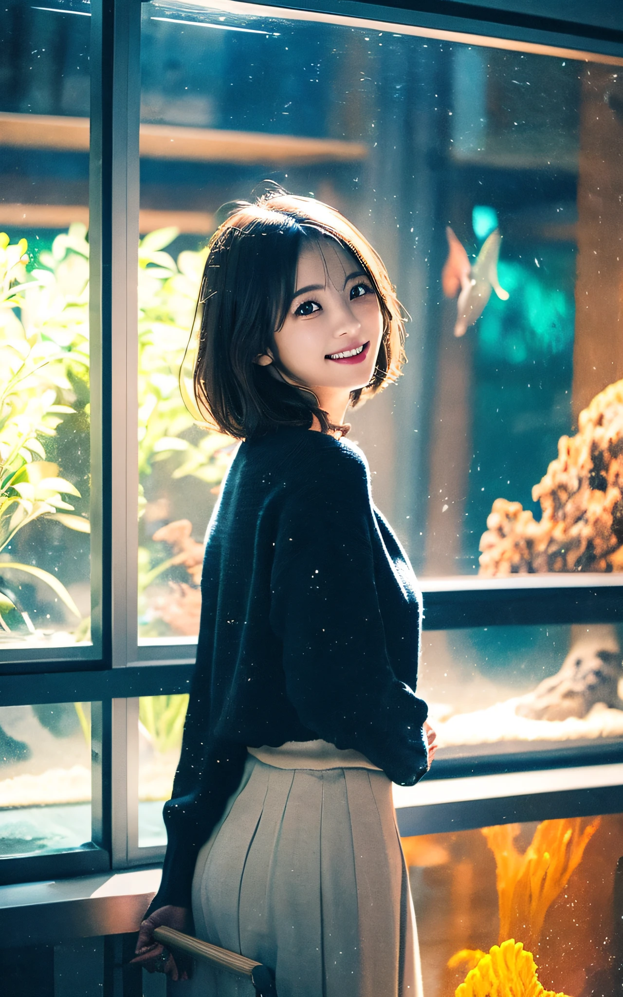 masterpiece, A hyper-realistic, 32K, the Extremely Detailed CG Unity 8K Wallpapers, Best Quality, Dramatic light, (Film Overlay, Film grain:1.5), (masutepiece, Best Quality:1.2), (Looking at Viewer), 1 girl in, 20yr old, Beautiful girl in Japan, Girl on a date at the aquarium,In front of the big tank in the aquarium、View the aquarium tank、((Look away)), Japanese, Full body , Peacoat, Sweaters, Long flared skirt,A smile、 ((eyes visible through hair)), ((Plump lips)), (Wavy Hair),(Short hair), (Back lighting),((I have one small mole under my eye)), (Detailed eyes),(detailed facial features), (detailed arms),(Detailed fingers),(Detailed legs)