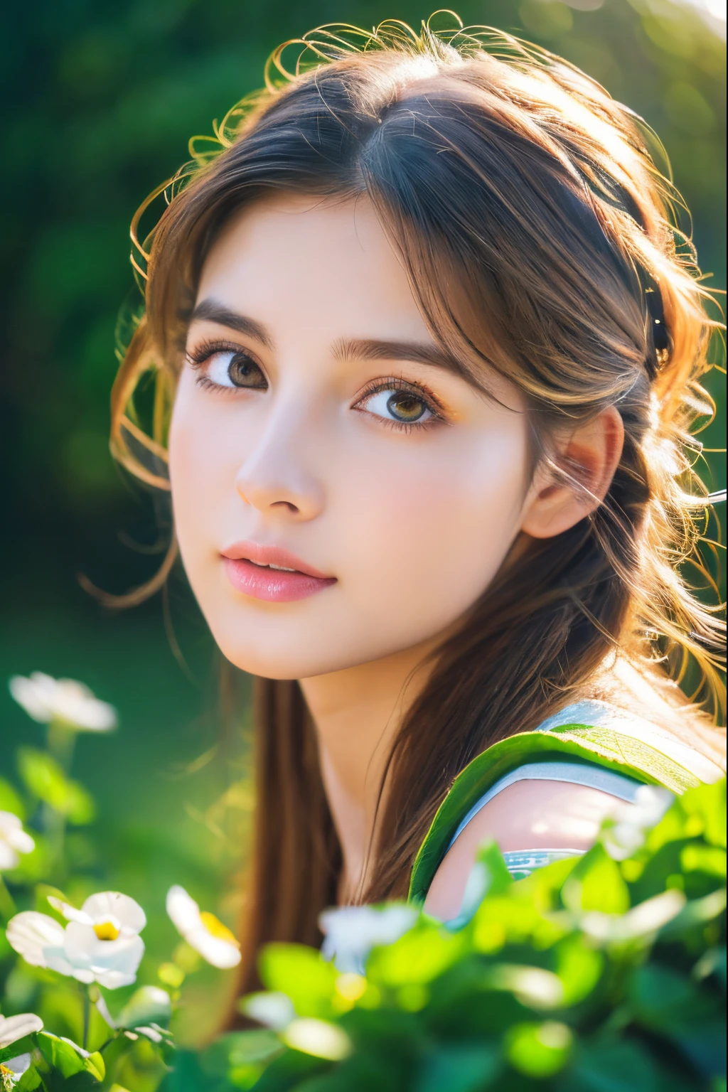 A girl, gardening,beautiful detailed eyes,beautiful detailed lips,extremely detailed face, long eyelashes,medium:oil painting, vibrant colors,flowers blooming,green grass,clear blue sky(best quality,4k,8k,highres,masterpiece:1.2),ultra-detailed,realistic(HDR,UHD,studio lighting),peaceful atmosphere.