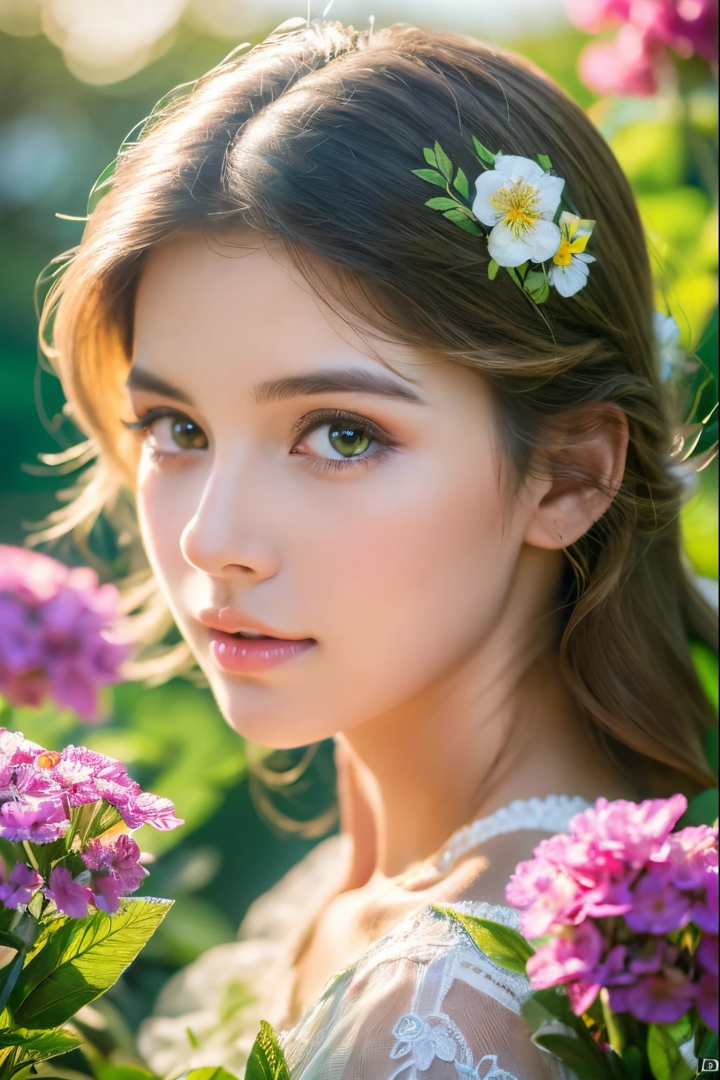 A girl, gardening,beautiful detailed eyes,beautiful detailed lips,extremely detailed face, long eyelashes,medium:oil painting, vibrant colors,flowers blooming,green grass,clear blue sky(best quality,4k,8k,highres,masterpiece:1.2),ultra-detailed,realistic(HDR,UHD,studio lighting),peaceful atmosphere.