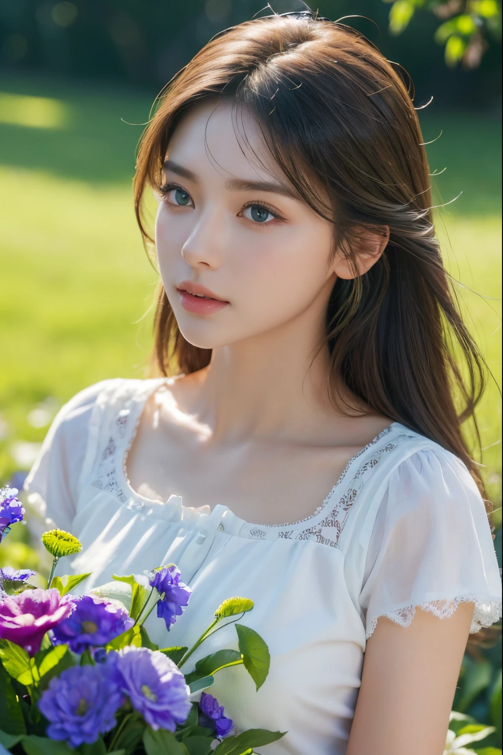 A girl, gardening,beautiful detailed eyes,beautiful detailed lips,extremely detailed face, long eyelashes,medium:oil painting, vibrant colors,flowers blooming,green grass,clear blue sky(best quality,4k,8k,highres,masterpiece:1.2),ultra-detailed,realistic(HDR,UHD,studio lighting),peaceful atmosphere.