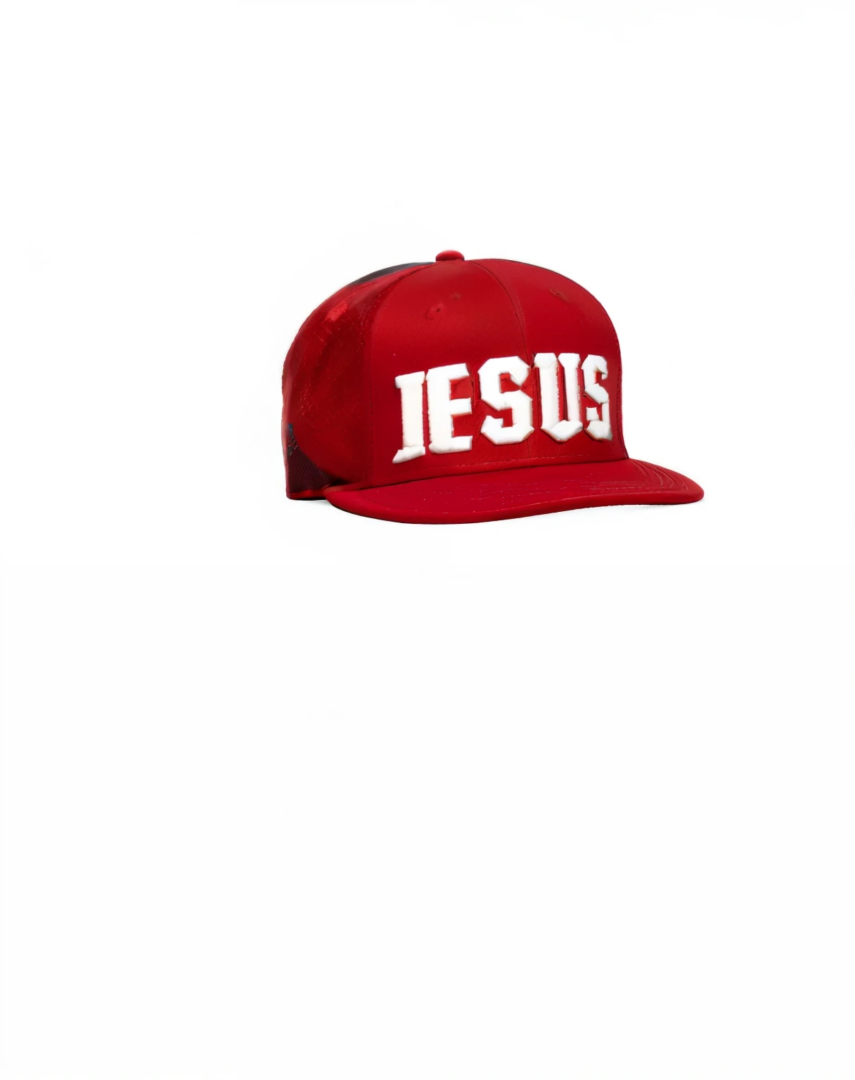 a close up of a red hat with the word jesus on it, jesus, he has a red hat, wearing a red backwards cap, jesus christ, jesus face, gigachad jesus, jesus christ  the doom slayer, dressed like jesus christ, he  wearing a hat, red backwards cap, red cap, red hat, black jesus, christianity, ninja jesus