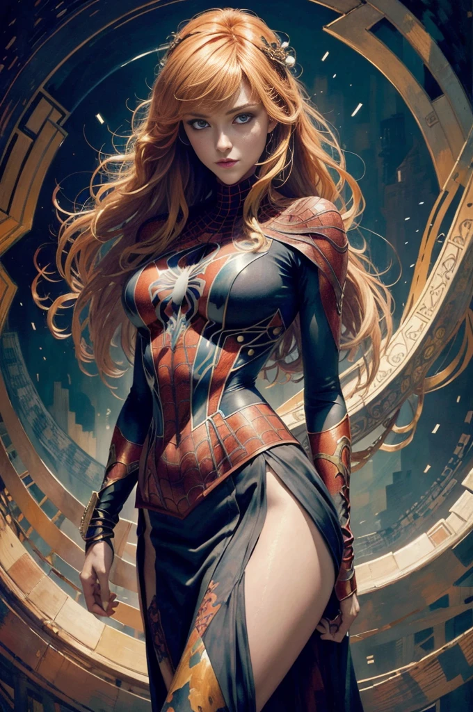 Katherine McNamara、Sticking out the navel、newyork、She wears a torn Spider-Man suit,wearing skirt、abstract photorealistic、artistic、Alphonse Mucha's painting(​masterpiece、top-quality、hight resolution:1.4)、detaileds、intricate-detail、4K、color splashes、line-drawing、Fibonacci、