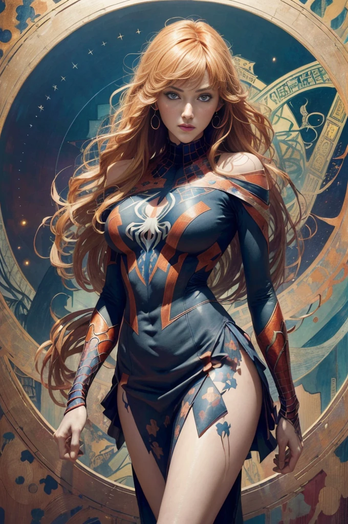 Amanda Seyfried、Sticking out the navel、newyork、She wears a torn Spider-Man suit,wearing skirt、abstract photorealistic、artistic、Alphonse Mucha's painting(masterpiece、top-quality、hight resolution:1.4)、detaileds、複雑なdetaileds、4K、color splashes、line-drawing、Fibonacci、