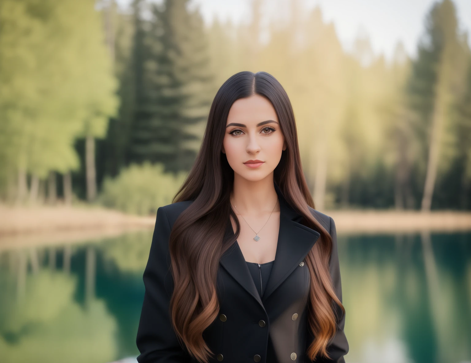arafed woman in black jacket standing near a lake, outdoors business portrait, professional picture, amazing professional picture, professional profile picture, professional profile photo, professional portrait, detailed professional photo, viktoria gavrilenko, high quality portrait, julia fuentes, professional image, photo of young woman, christina kritkou, profile shot, portrait shot, in front of a forest background
