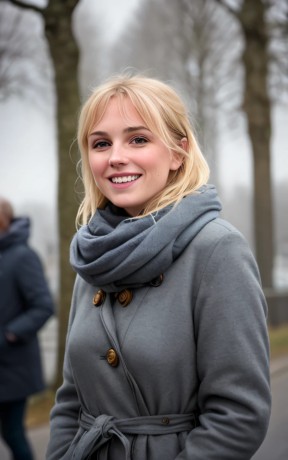 Le visage de la jeune femme respire une grâce naturelle, accentuée par ses longs cheveux blonds qui encadrent délicatement ses traits. Ses yeux bleus captifs, reflétant la douce lumière de l&#39;hiver qui se diffuse à travers la brume. Un éclat souriant, chaleureux et accueillant, illumine le visage de son fils, créant une harmonie captivante avec l&#39;environnement urbain qui l&#39;entoure. Le maquillage, subtilement appliqué, mis en valeur sa beauté naturelle sans artifice excessif. Chaque détail de son visage évoque une élégance décontractée, capture de manière authentique lors de cette séance photo en plein cœur de la ville.