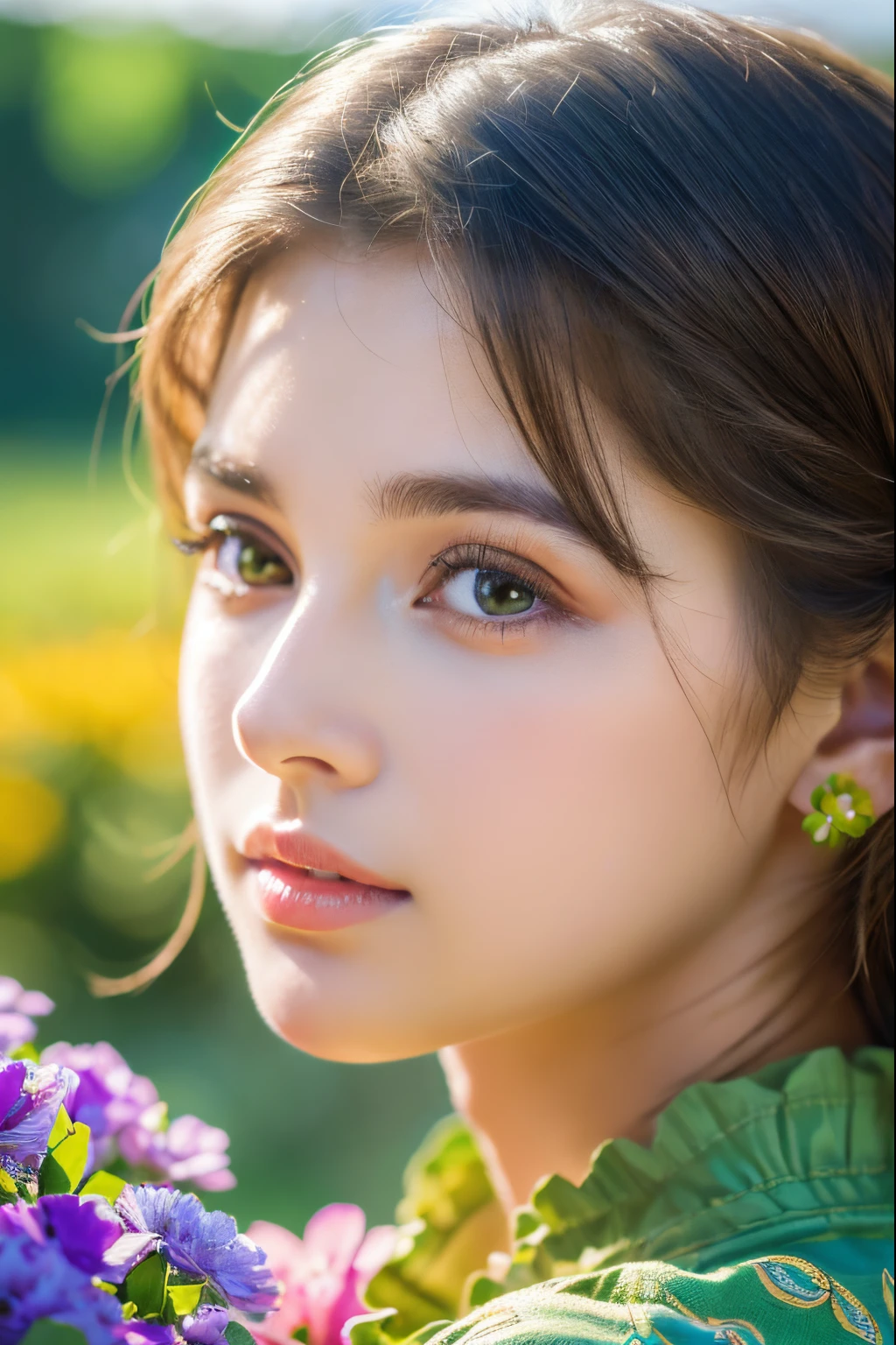 A girl, gardening,beautiful detailed eyes,beautiful detailed lips,extremely detailed face, long eyelashes,medium:oil painting, vibrant colors,flowers blooming,green grass,clear blue sky(best quality,4k,8k,highres,masterpiece:1.2),ultra-detailed,realistic(HDR,UHD,studio lighting),peaceful atmosphere.