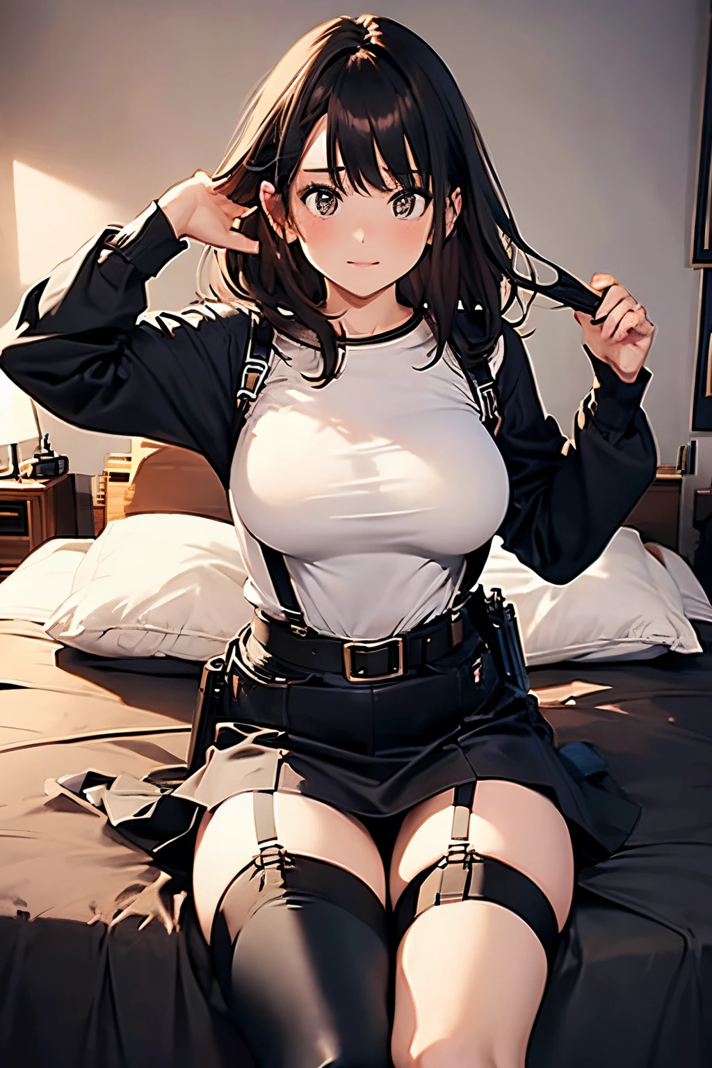 Brown hair、watching at viewers　　　black suspenders　　　Bulging big breasts　　 　 　　　walls: 　Black miniskirt　garters　　　　　　Gaze　　　Small face　bangss 　　　holster　　Belt Armament　Beautuful Women　srestrained　hands up　Lying in bed　Leg holster lying on the bed　　Gaze 　black boots panty shot　 teats