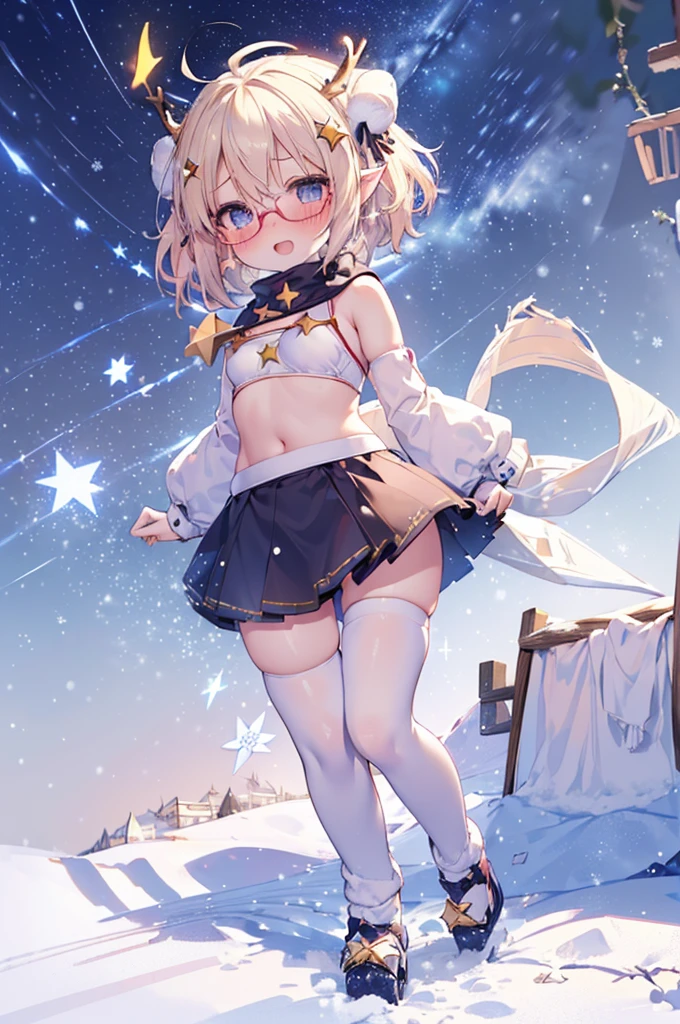 ultra detailed, best quality, high resolution, ((8k)), ((1girl)), pale skin, petite, (blonde hair), (very short hair), (ahoge:1.3), (glasses), pointy ears, (blush:1.5), blue eyes, medium breasts, happy smile, ((bikini santa costume)), ((snowing:1.5)), (windy:1.5), ((star night:1.5)), ((powder light:1.5)), (full body), open mouth, (reindeer), ((ride on a sled)), ((chibi:1.4))