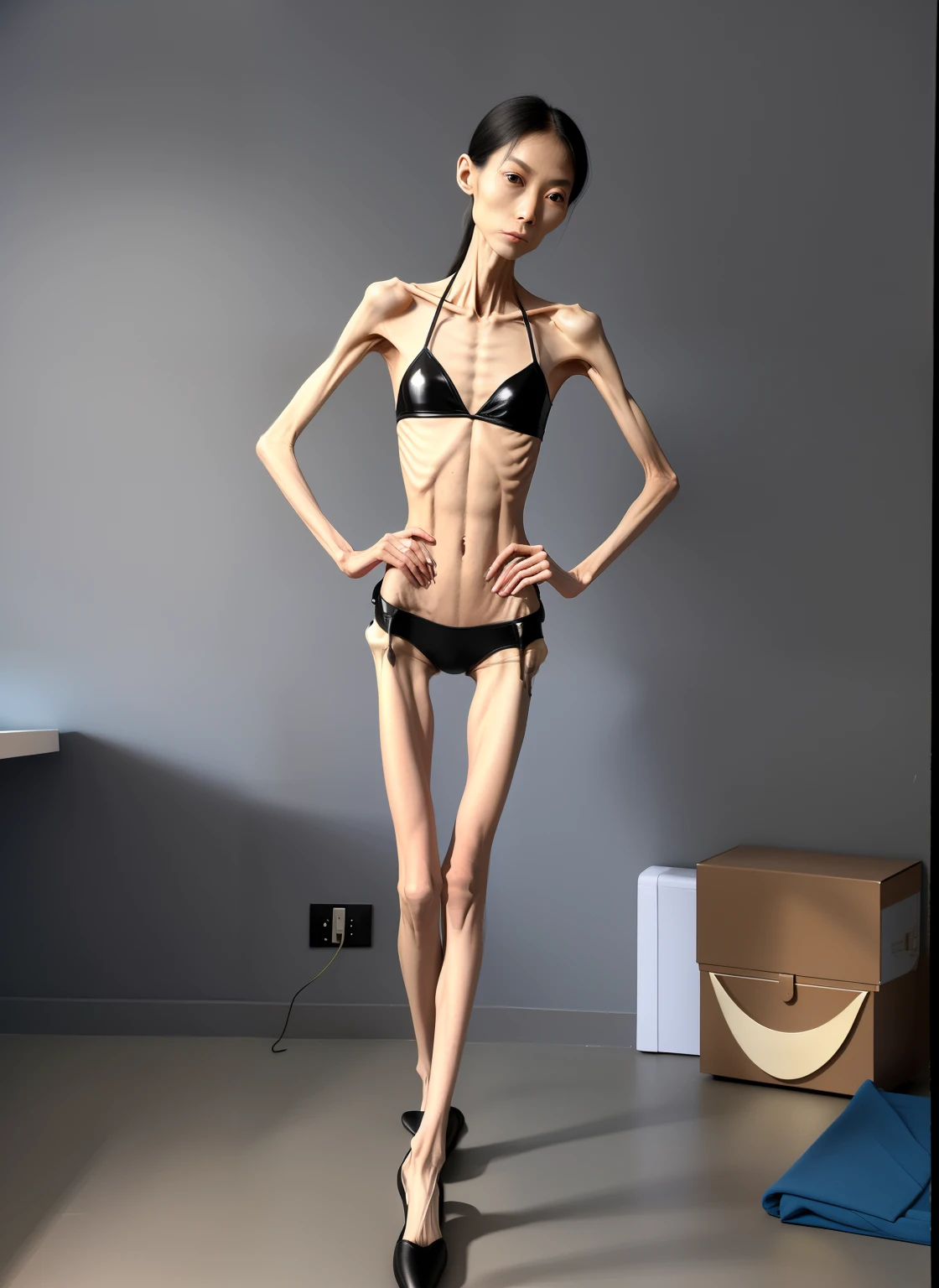 very thin woman，The body  very thin，Protruding sternum，zoomout，The waist  very thin，The ribs are noticeable，Protruding ribs，The pelvic protrusion  very obvious，Clear outline of pelvis，thin shoulde，The waist  very thin，Sunken abdomen，Abdominal muscle atrophy，Delicate arms，arm muscle atrophy，Slender thighs，Knees are obviously protruding，Ankle bulges，The ankle bones are obvious，The leg bones are obvious，leg muscle atrophy，anorexia，Asia face，Wear tight leather pants，Wear slippers，Significant atrophy of dorsalis pedis muscles，Sad and tearful expression，Excessive weight loss，The face  sunken and thin，Severe malnutrition，Body as thin as a skeleton