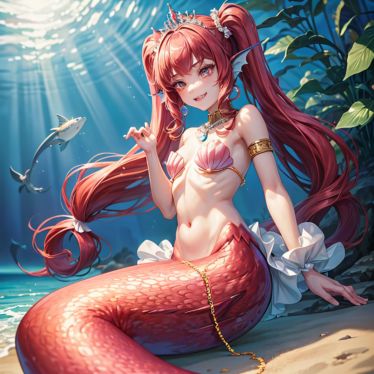 Pretty 15 years old princess magically transformed into a beautiful mermaid, fantasy race swap, not human, fish like, long mermaid tail below waistline, fins ears, red fish scales on skin, drawn in anime style, very long pigtails red hair, sharp teeth, is smiling, pink eyes, small breast, long pelvic and dorsal fins, pair of fish gills on the torso, seashell bra, starfish hair clips, pearl earrings and bracelets, pearl necklace, hair ribbons, gold tiara, ocean surface, resting on a beach, tropical location, Highly detailed, 4K.