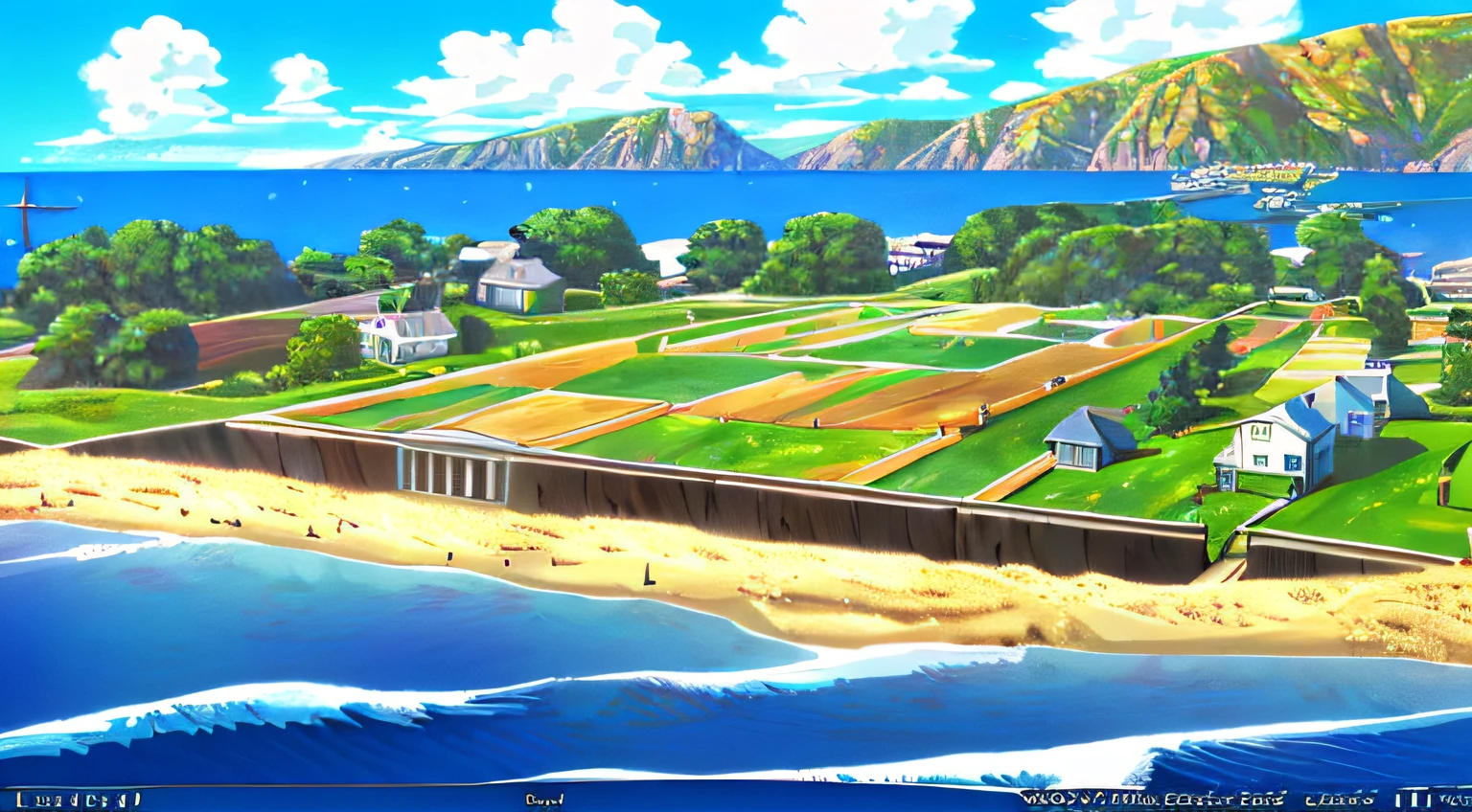 Shot of lighthouse in field，Fences and fenced areas, volley court background, random background scene, long beach background, distant background, sunny environment, Background jet ground radio, Park background, arte de fundo, seaside backgroud, Background with, background artwork, On a sunny day, Sunny park background, game screenshot, port scene background