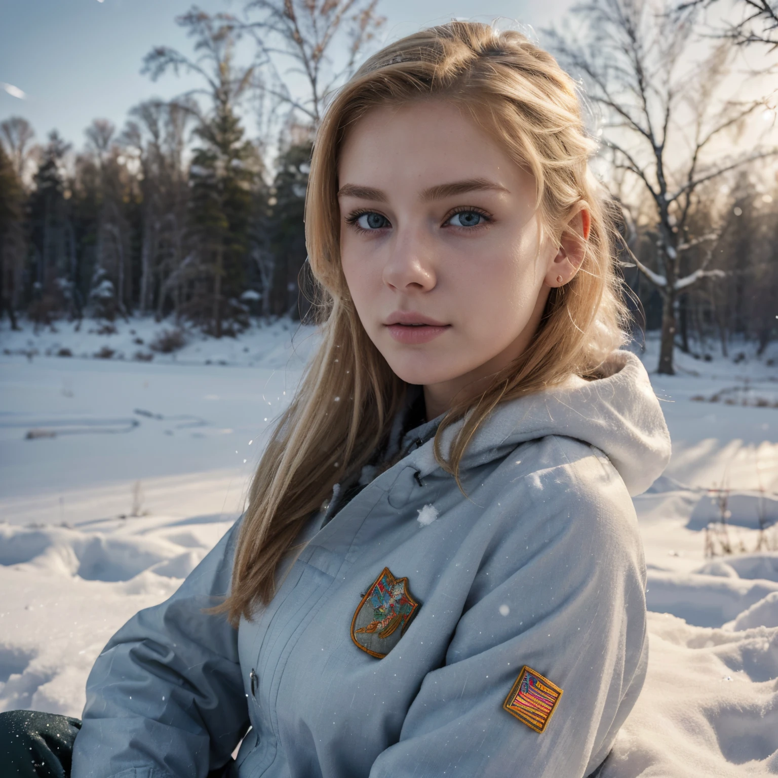 (best quality,highres,ultra-detailed,realistic:1.2),portrait,blonde hair,beautiful detailed eyes,pale skin,attractive face,side cut,20-year-old girl,russian,cold winter landscape,snow,military pants,focused expression,laid-back pose,soft natural light,vivid colors