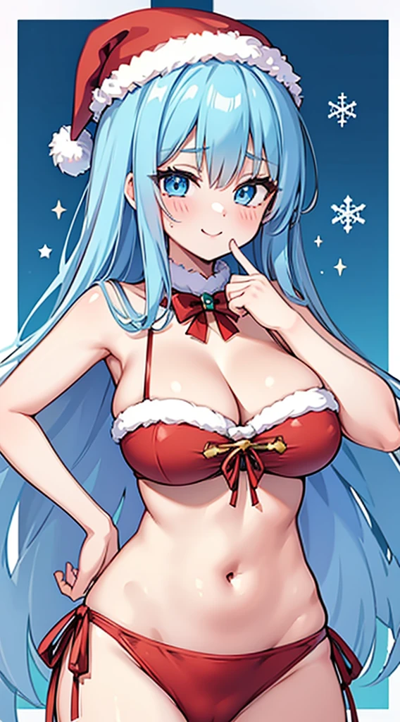 1 girl, GameCG, Santa Claus set, shoulders are visible, Cleavage visible, Navel visible, Santa hat, humongous large breast, lightblue hair, mid hair, Both sides face up, eBlue eyes,Christmas background, dynamic, ssmile,