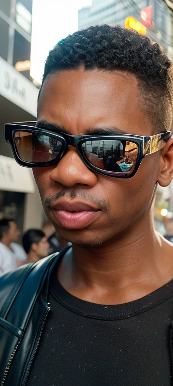 there is a man with sunglasses looking at his cell phone, homem com pele negra, em torno de 1 7 anos, taken in the early 2020s, em estilo de davey adesida, Riyahd Cassiem, olhando heckin legal e elegante, wearing versace sunglasses, artist's interpretation, Close Up foto retrato, 1 7 anos, cyberpunk hendsome menino. Rosto realista.
